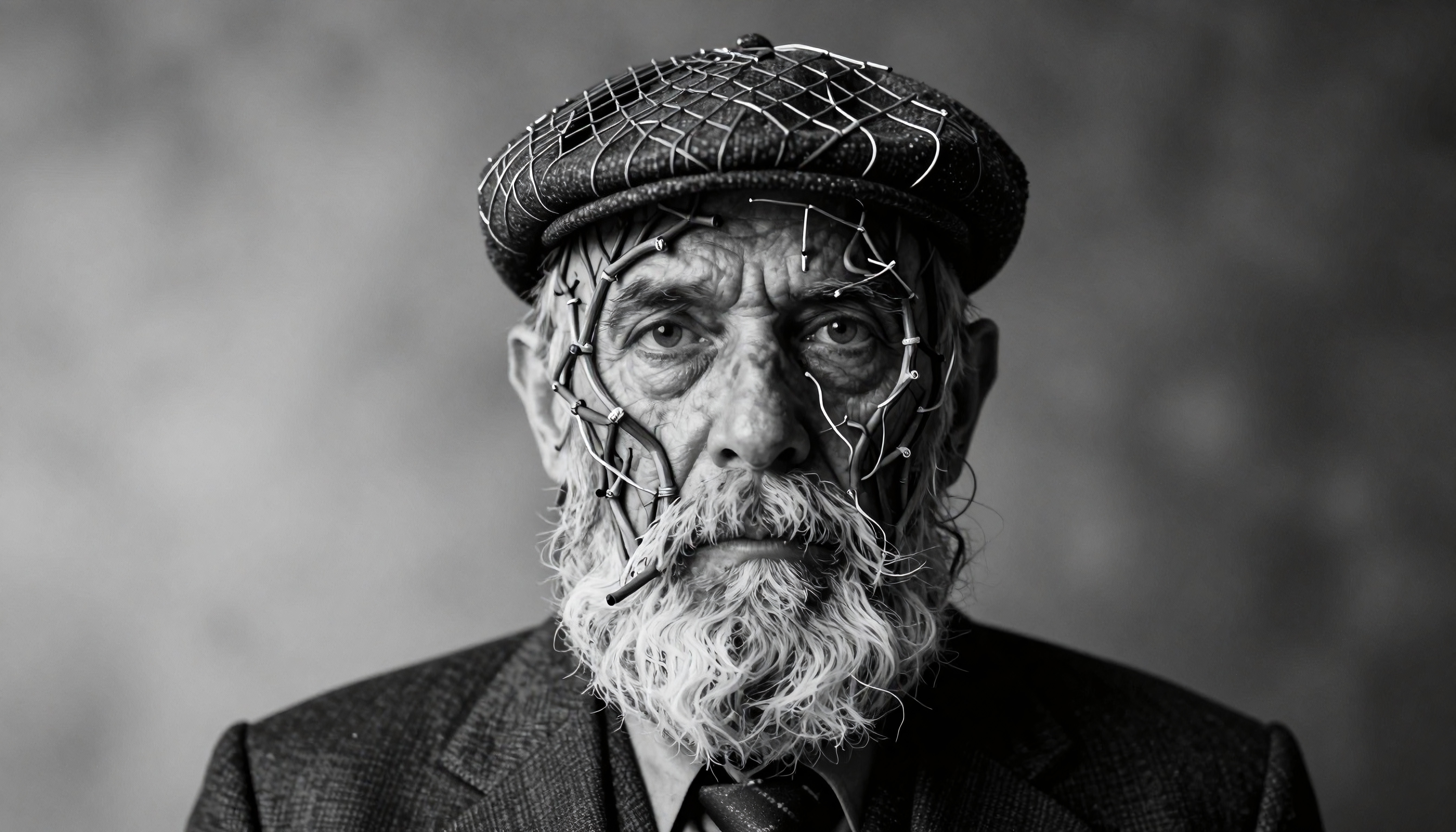 Black and white portrait of an elderly man with intricate wires on his face, wearing a hat and suit, creating an artistic and surreal expression.