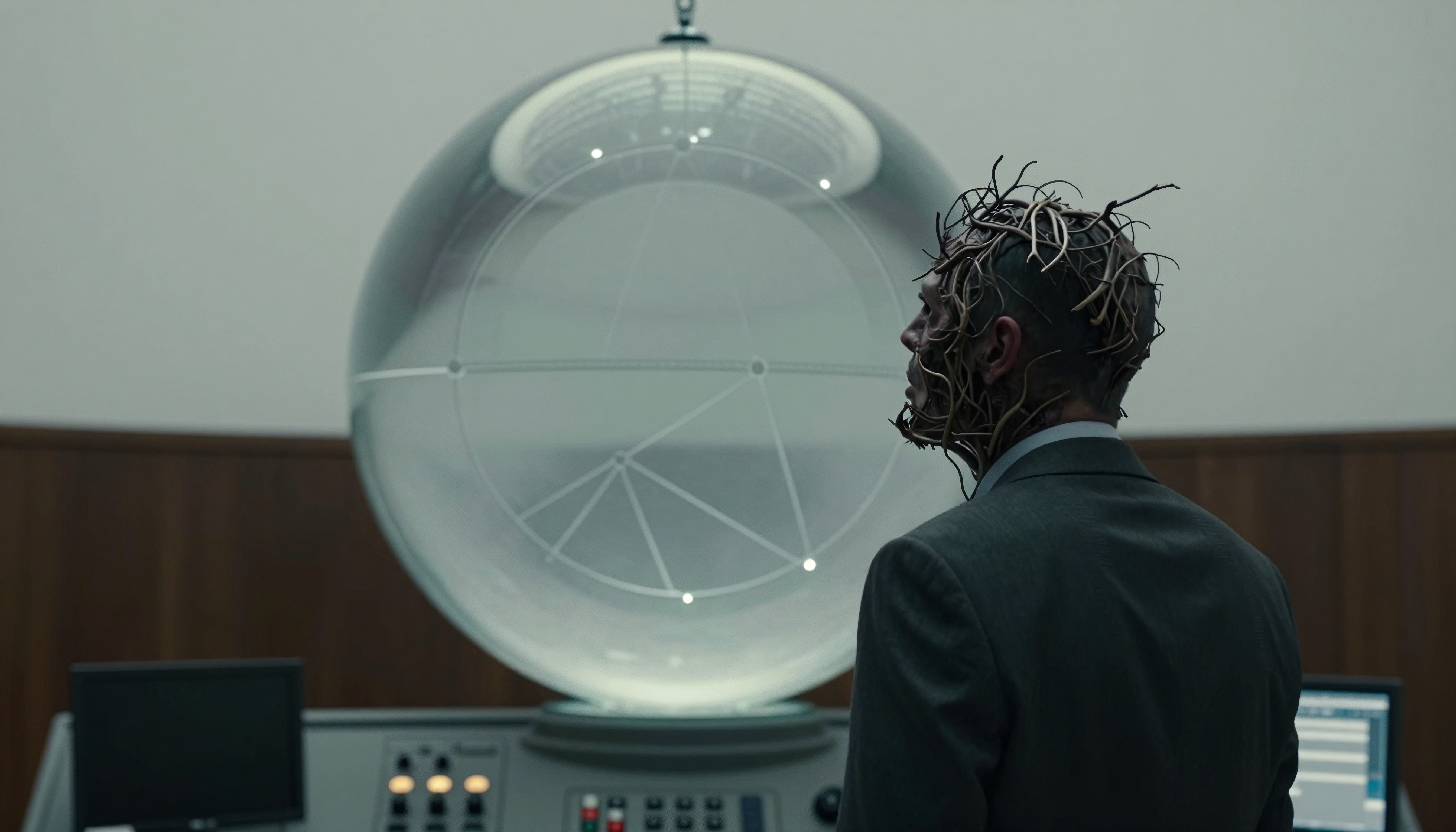 A man with twig-like extensions on his head stands before a large, illuminated spherical device.