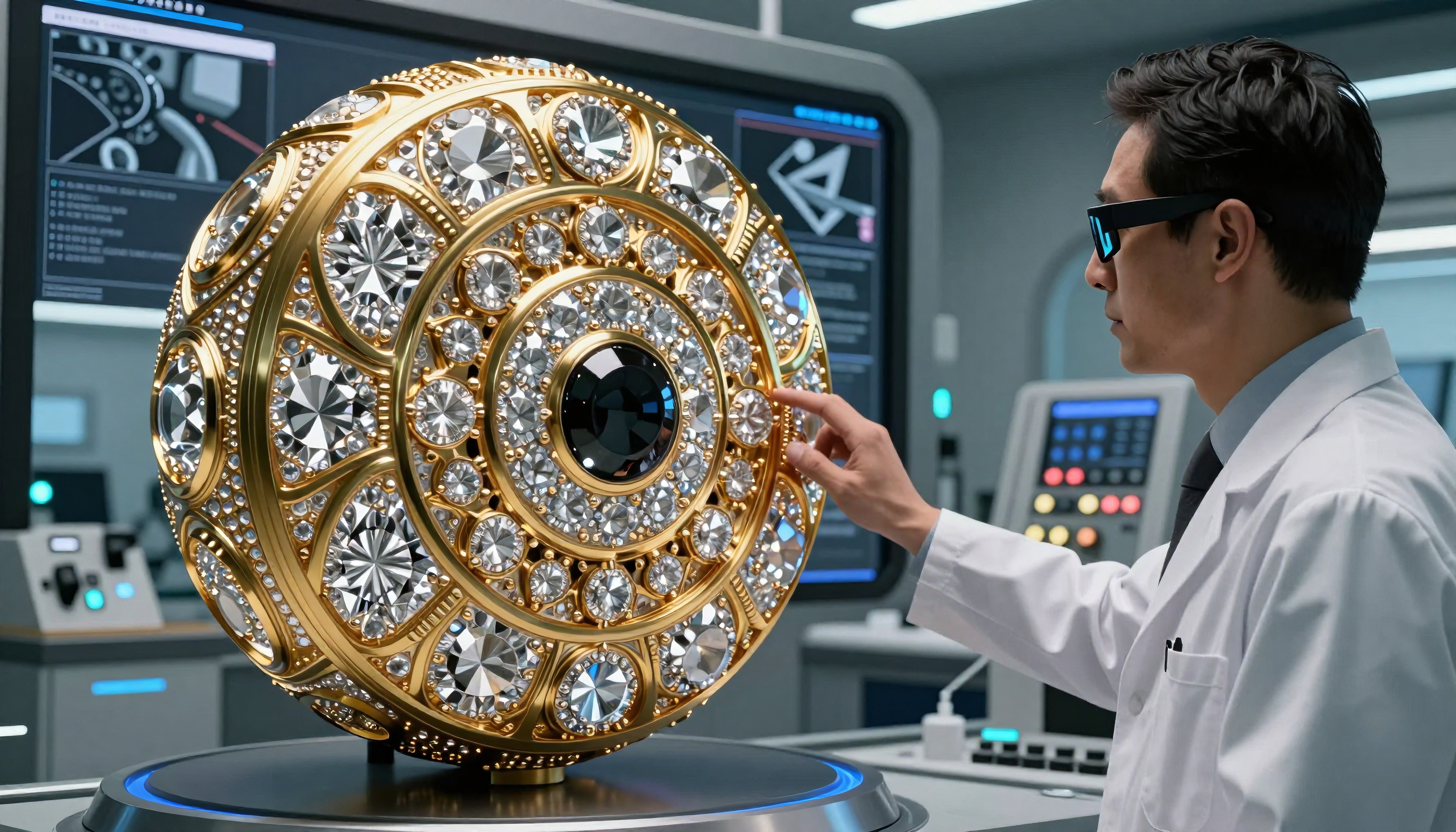 A scientist examines an ornate golden orb surrounded by technology in a futuristic laboratory setting.