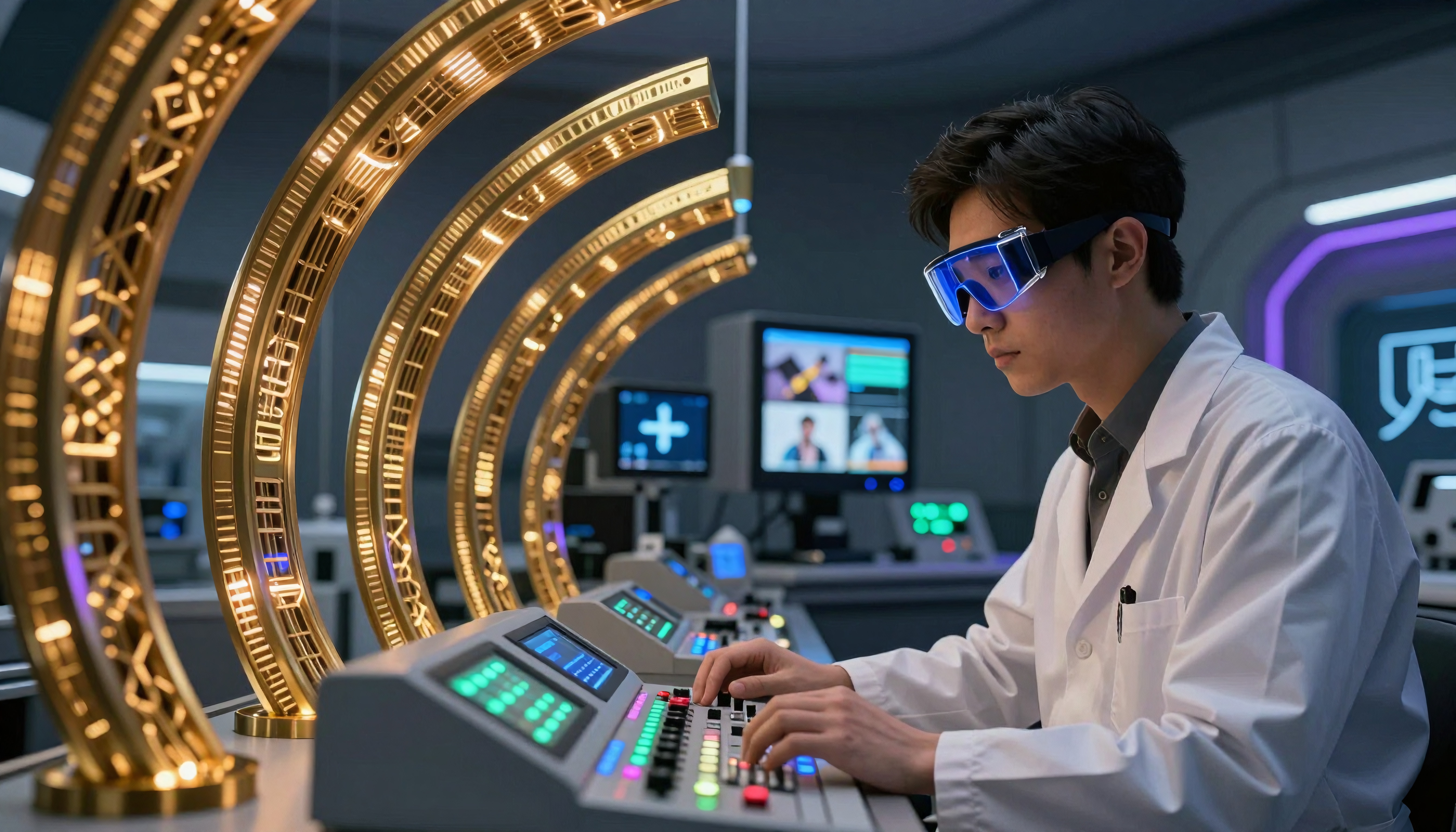 A scientist in a futuristic lab is using a control panel with illuminated devices and monitors.