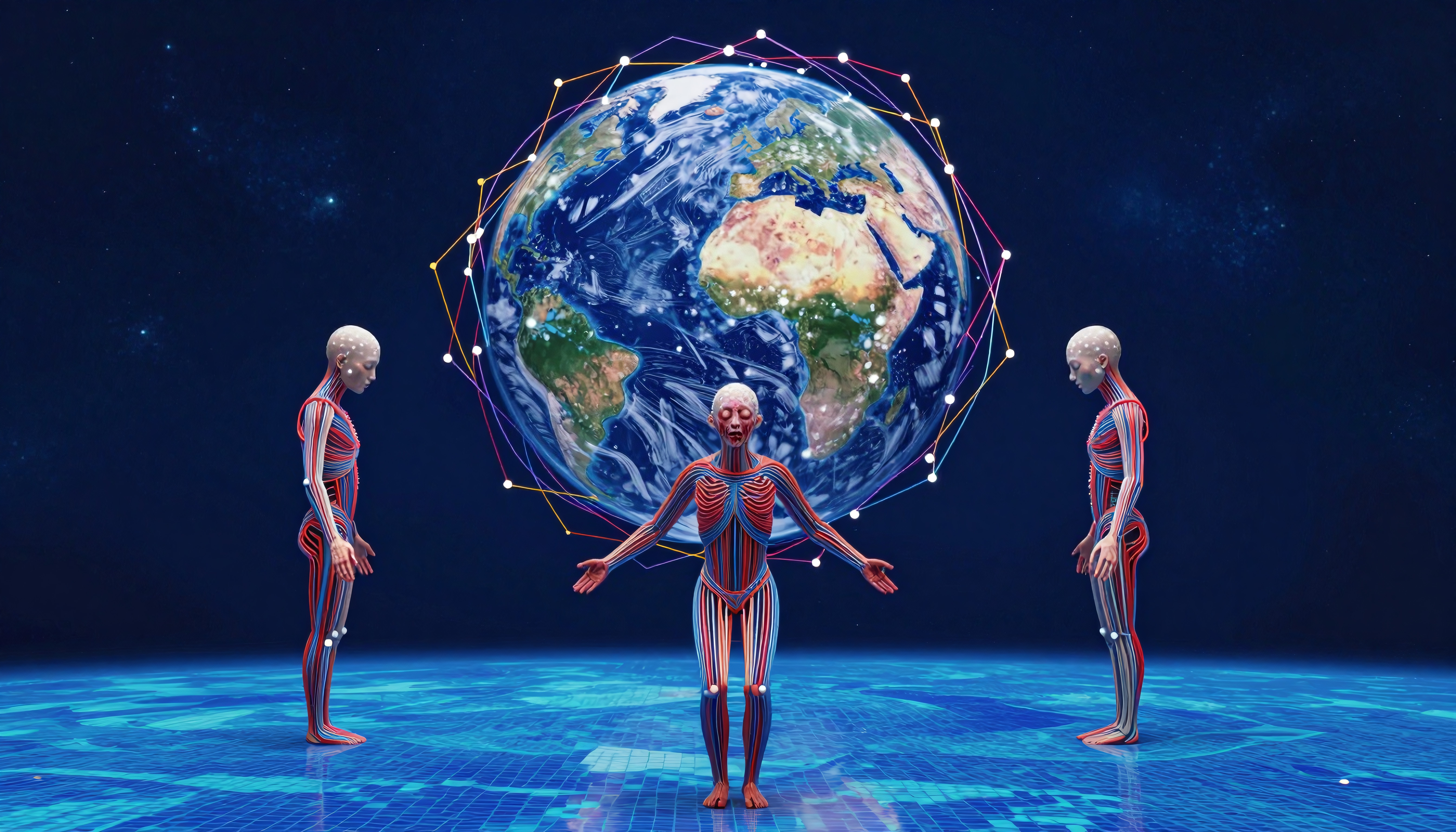 Futuristic scene with anatomical humanoids and Earth.