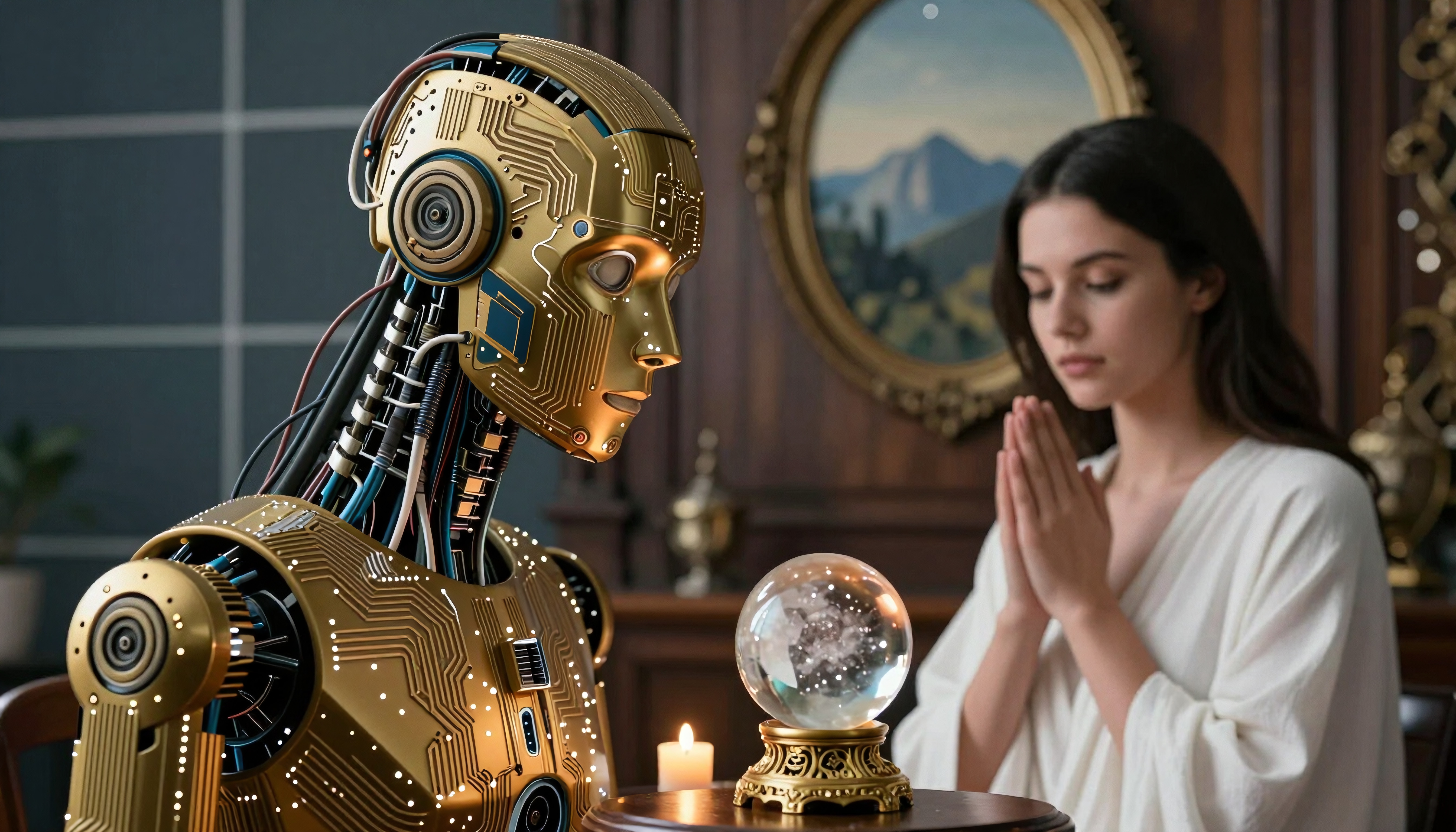 A humanoid robot and woman pray beside a glowing crystal ball, set against an elegant room, blending technology and mysticism.