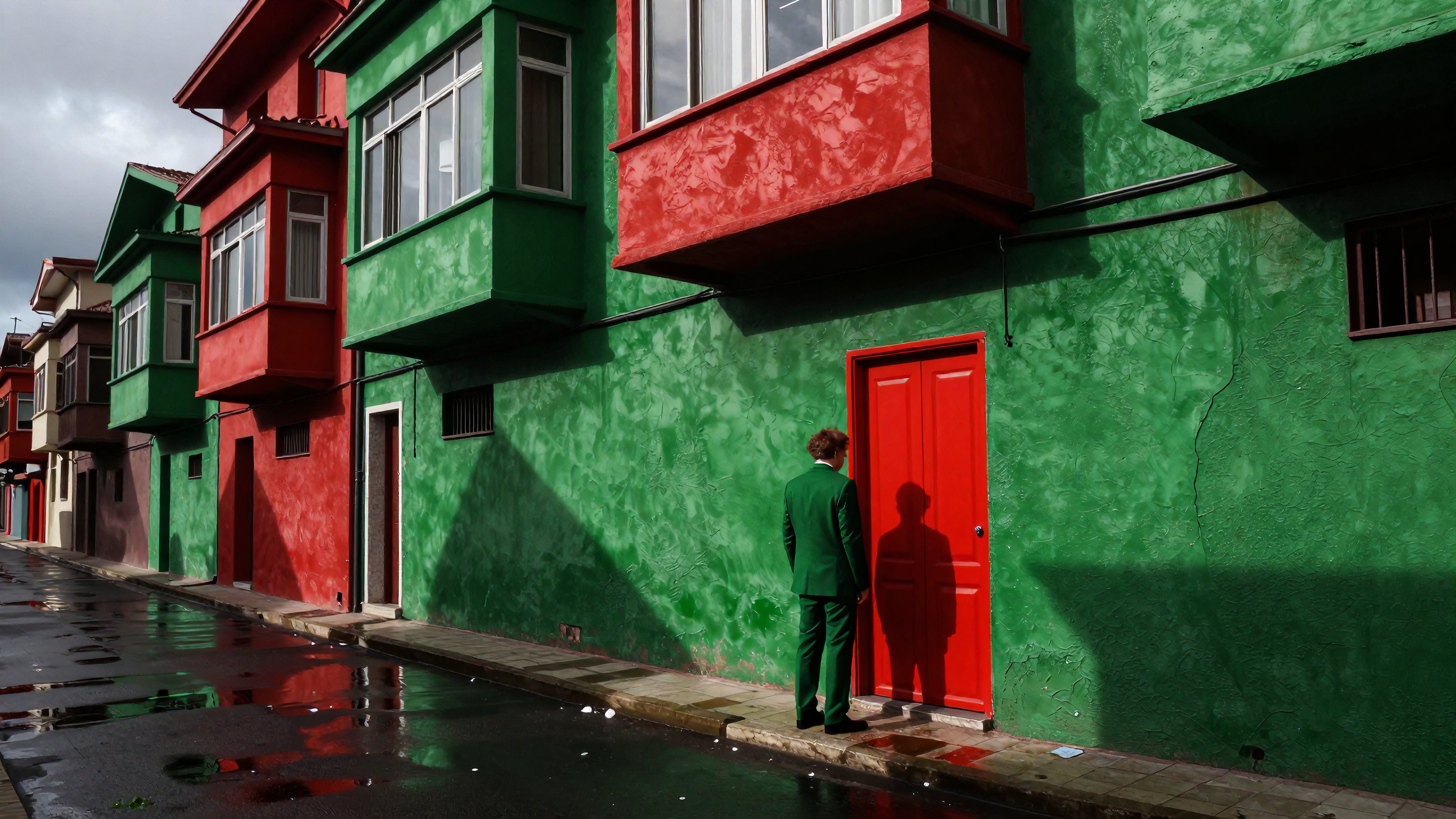 Man in green suit standing alone before bright red door on colorful rainy street reflecting dramatic shadows