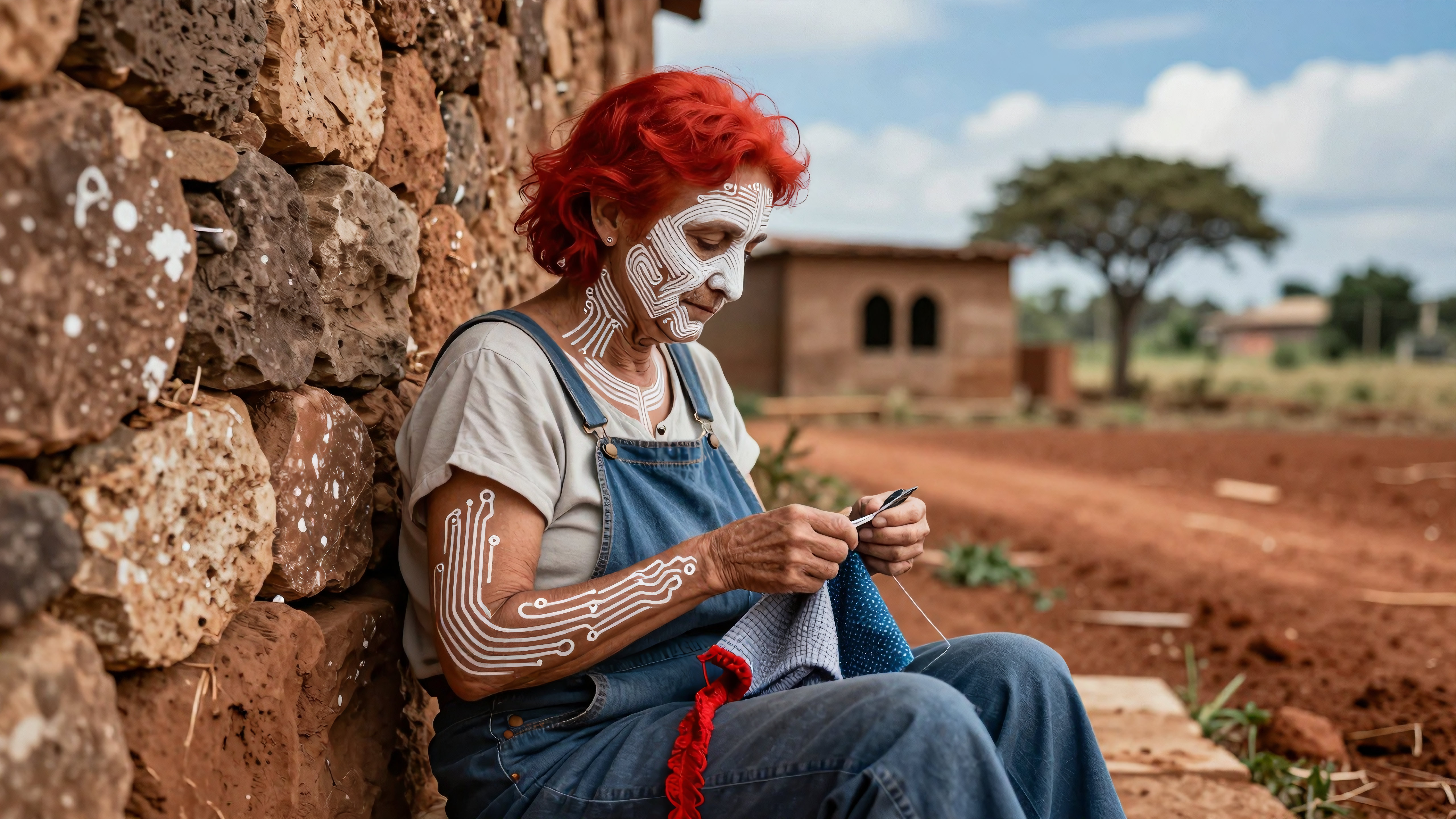 Elderly tech-enhanced grandmother knitting outdoors