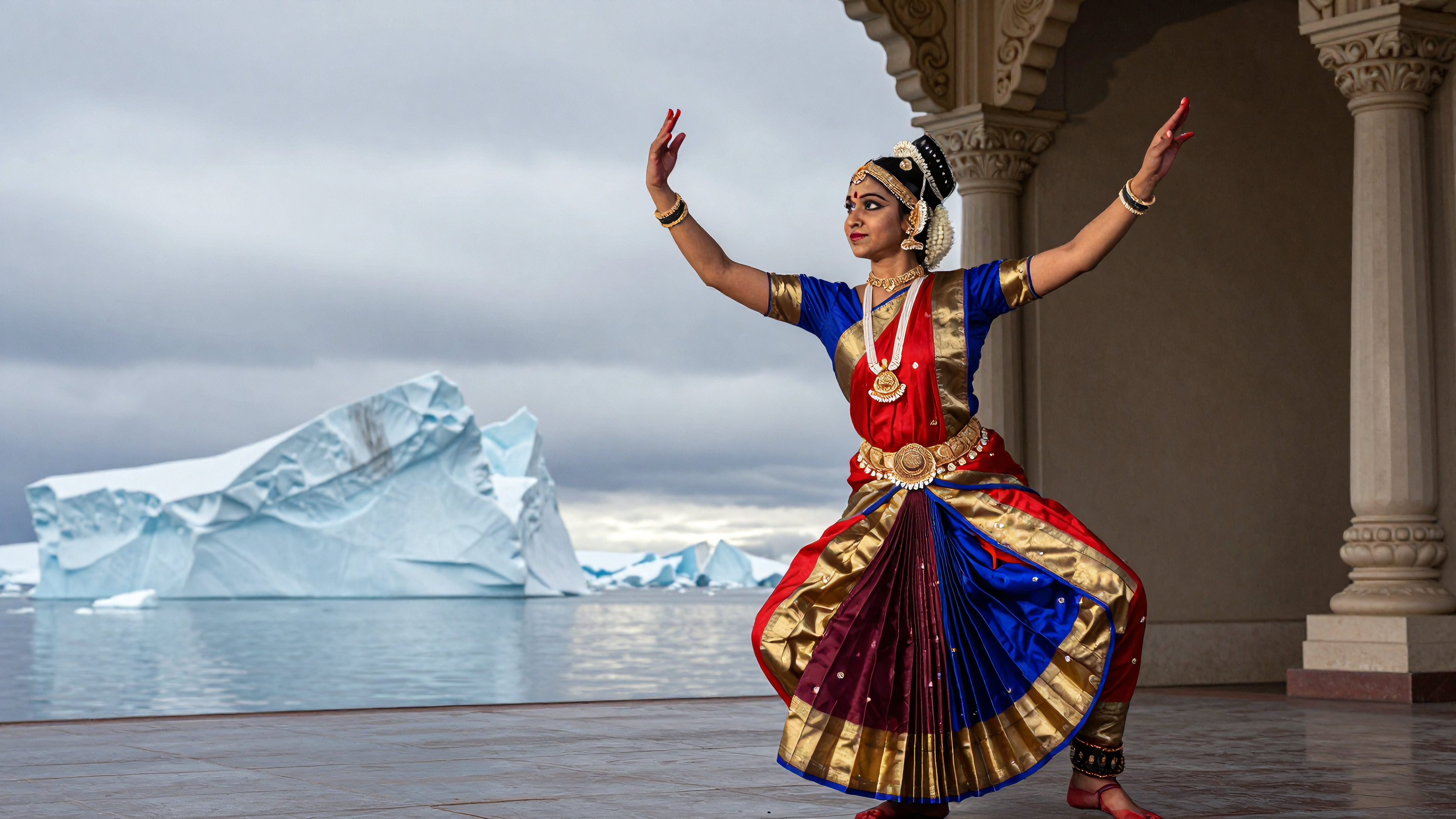 Indian classical dancer performing gracefully beside majestic Arctic icebergs