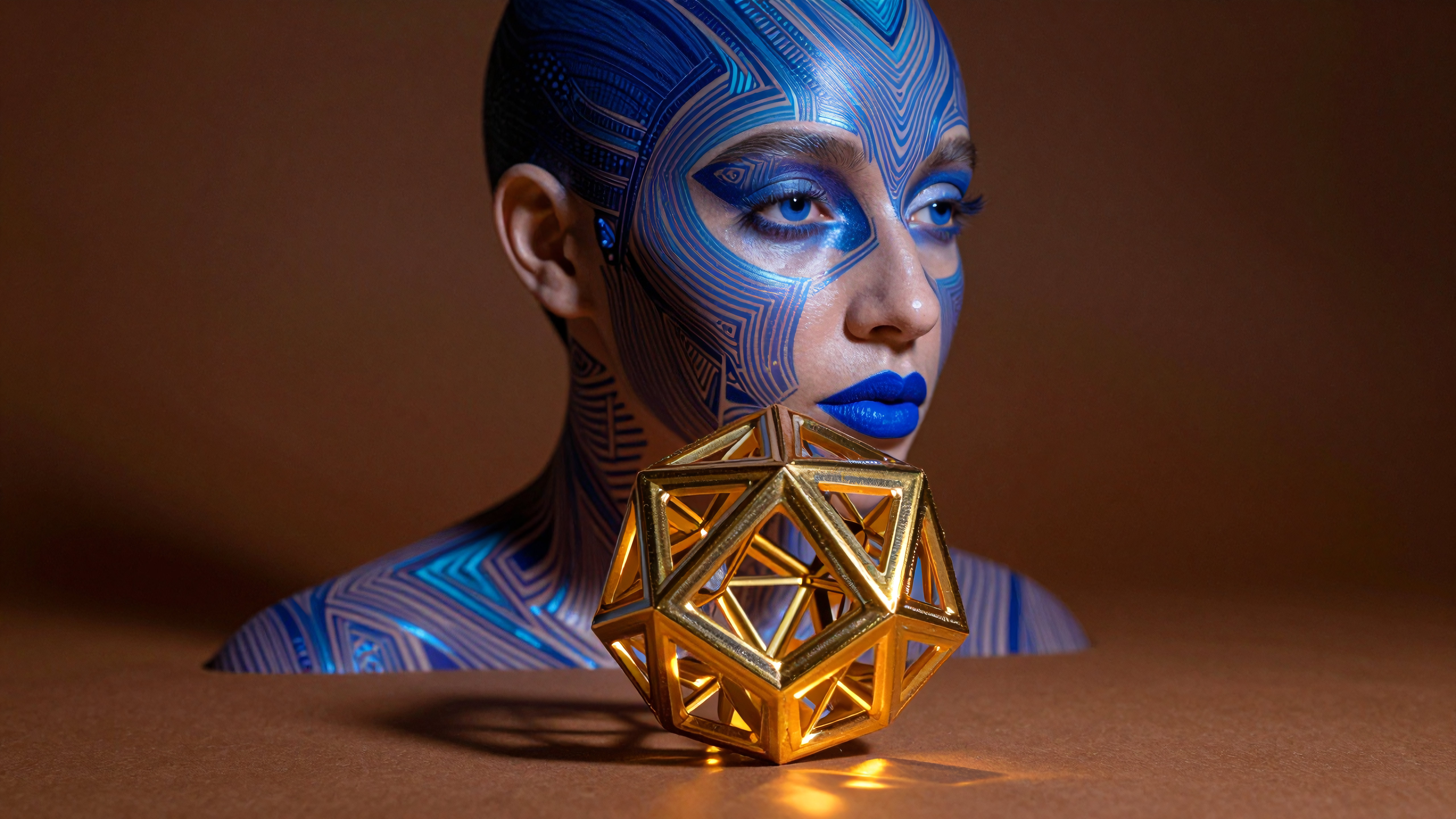 Futuristic blue body art with golden polyhedron on brown background