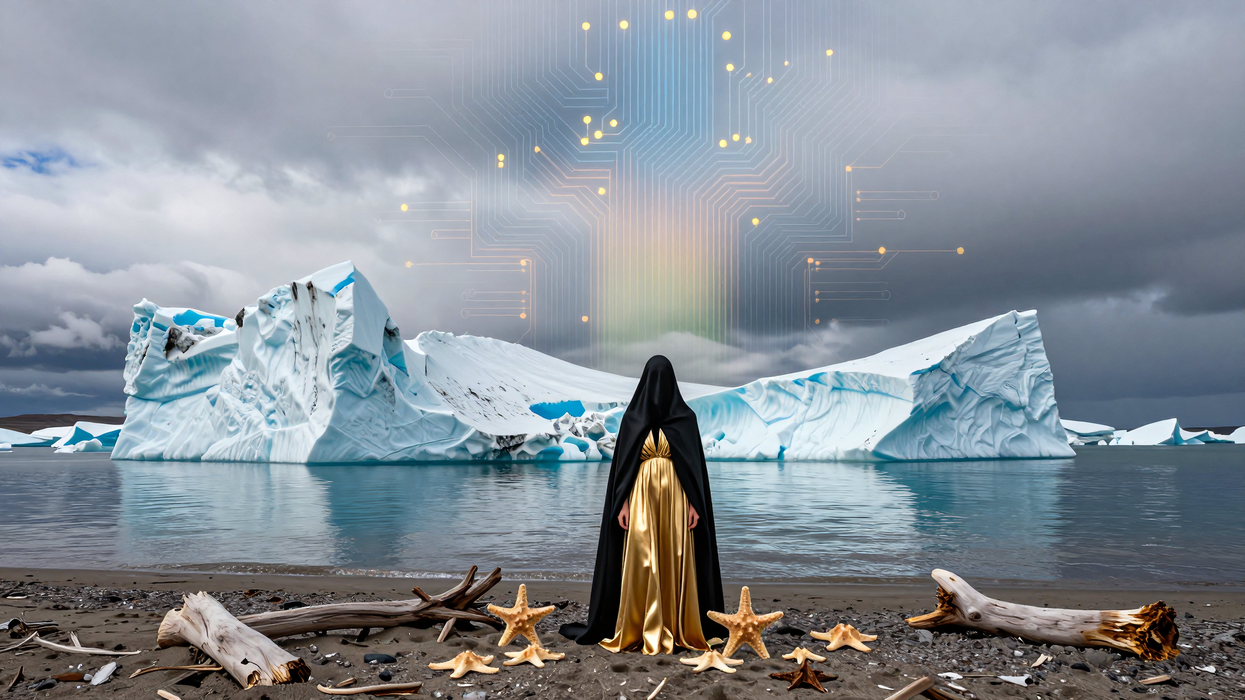 Mysterious hooded figure before icy icebergs with digital circui