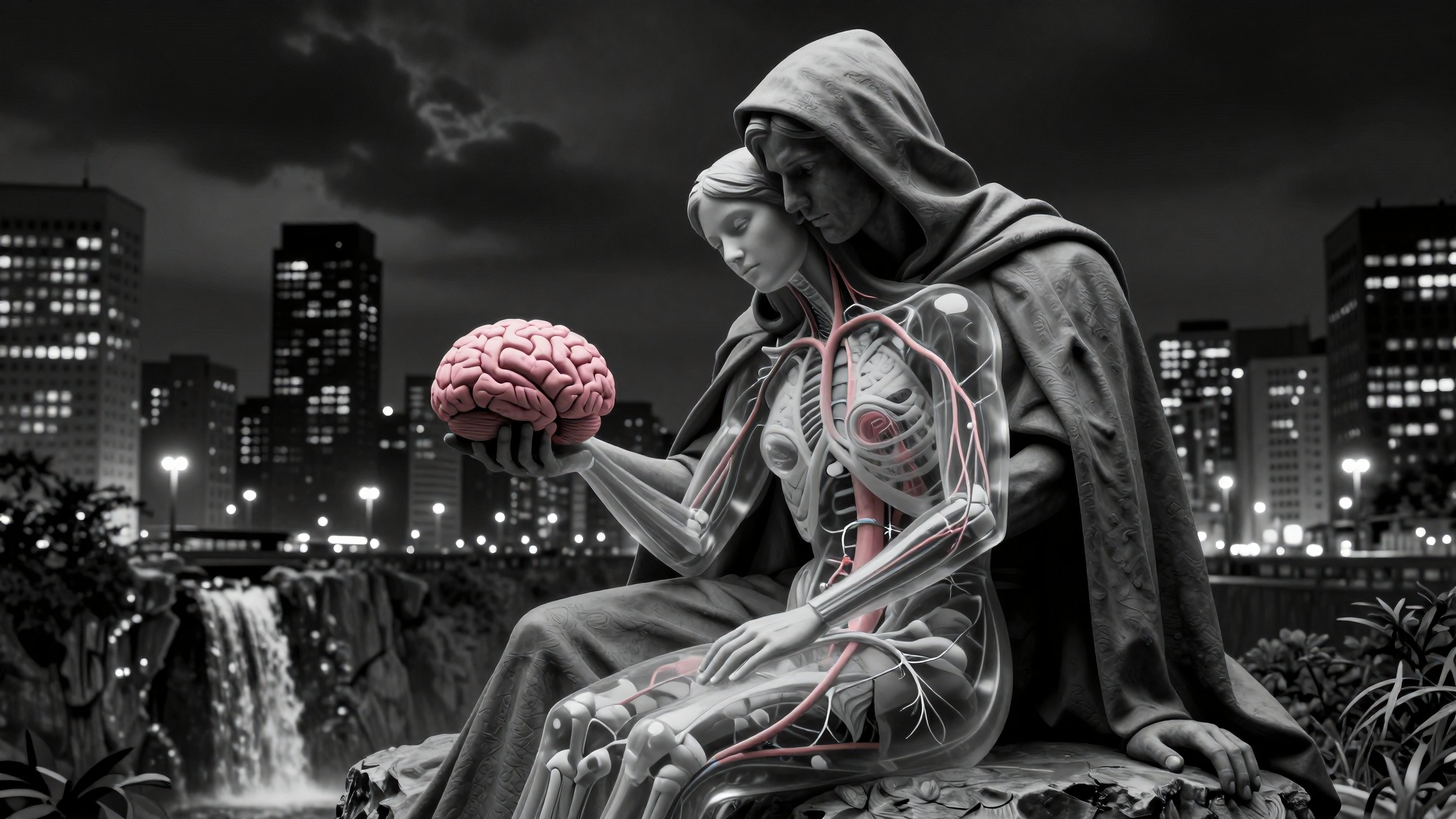 Statue holding brain with anatomically revealed partner overlooking city at night