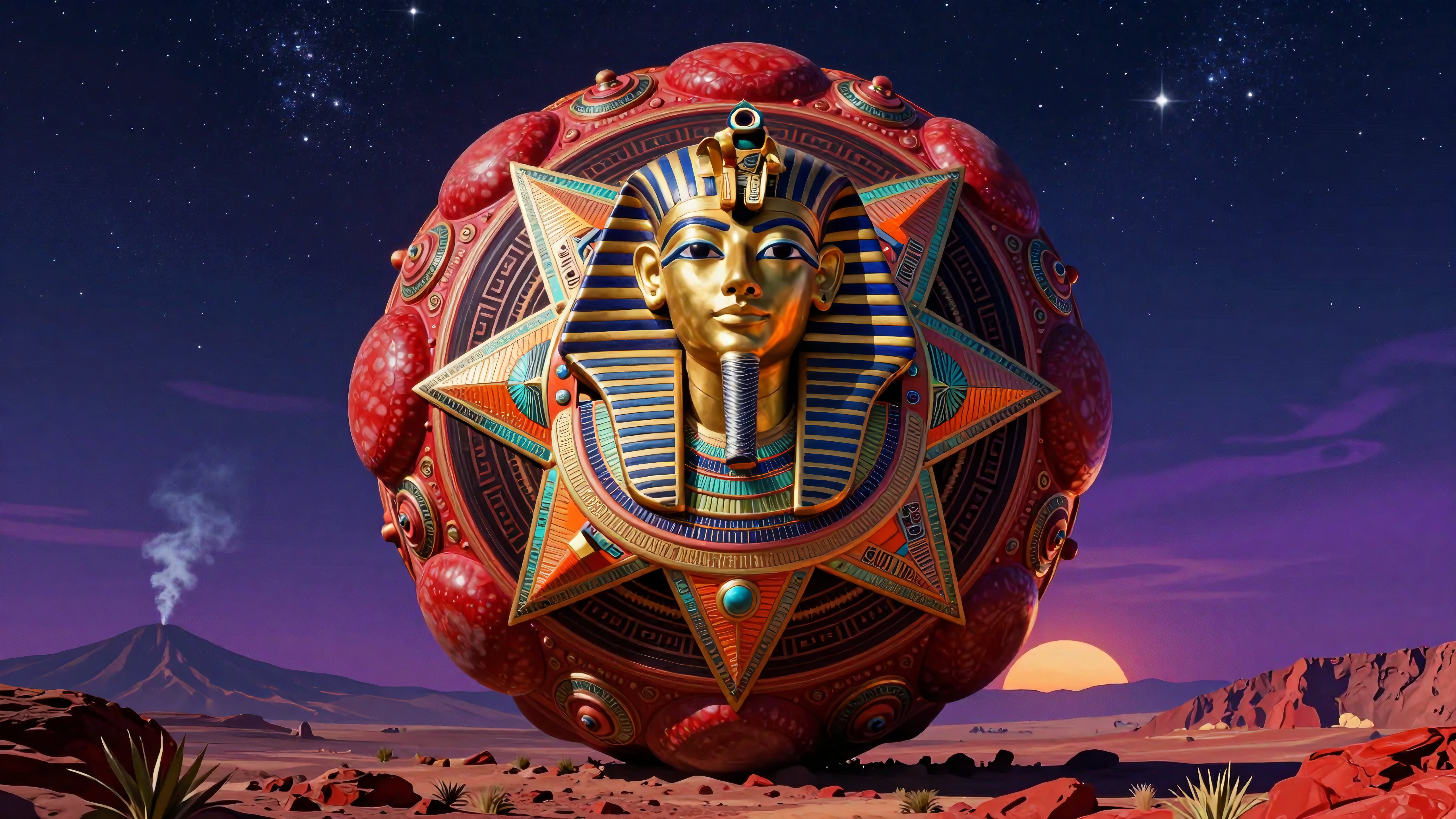 Surreal image of a golden pharaoh mask on a cosmic sphere in a desert landscape against a starry night sky.