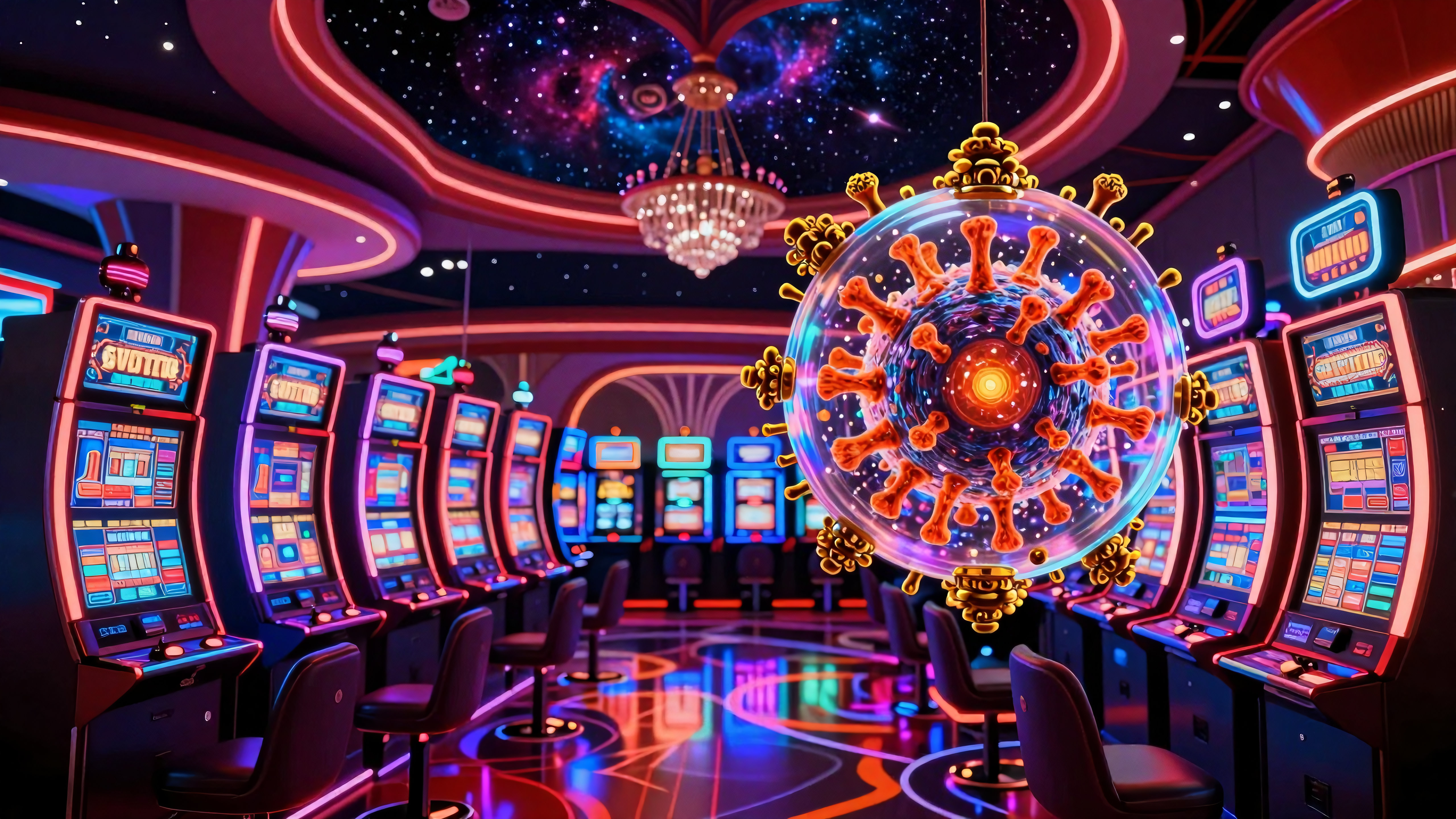 Futuristic casino with viral-themed chandelier under starry ceiling
