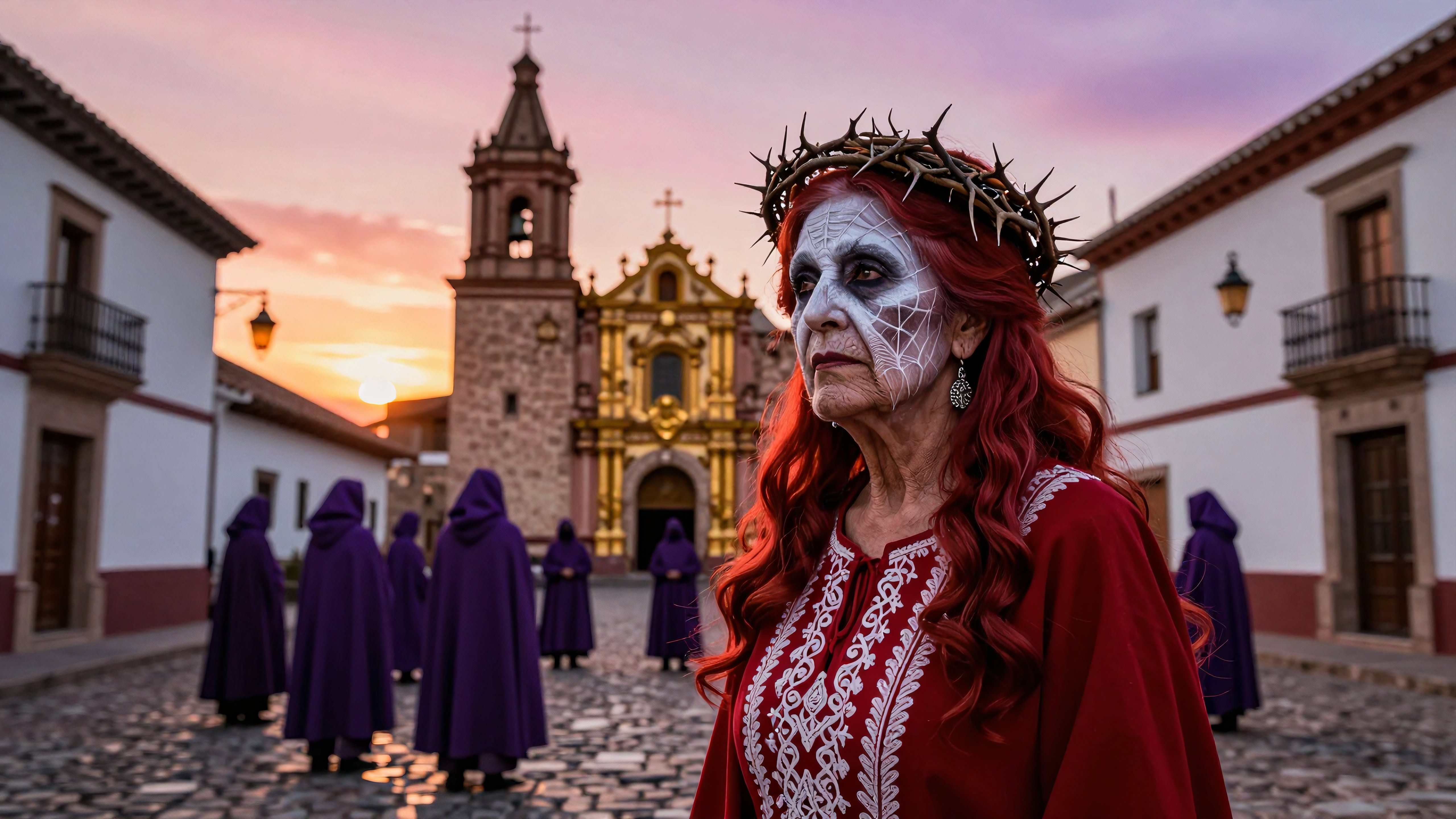 Elderly woman wearing sugar skull makeup crowned with thorn during Mexican Day of the Dead procession near historic church at sunset