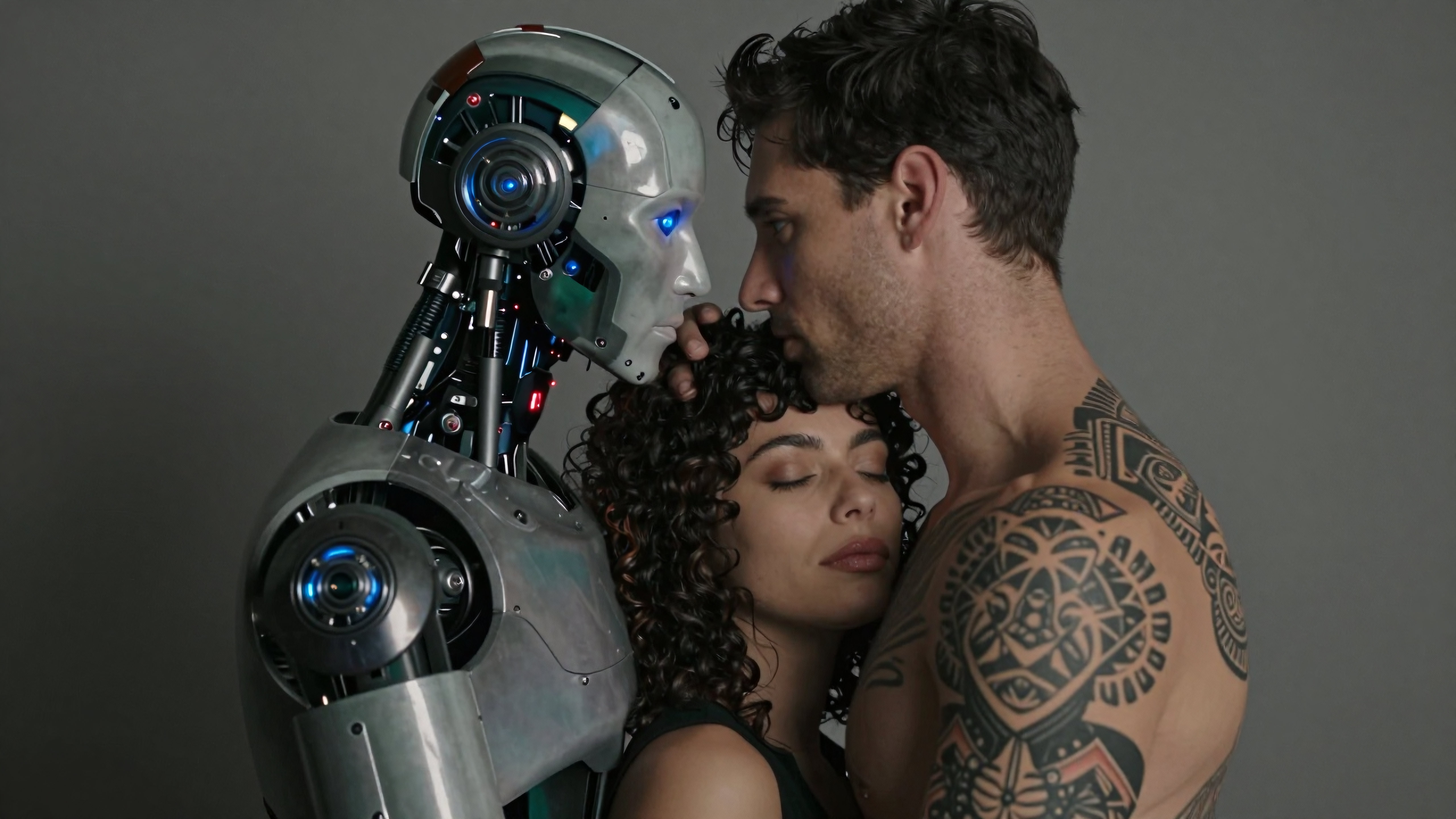 Human embraces robot companion in tender romantic pose, exploring future relationships beyond biology