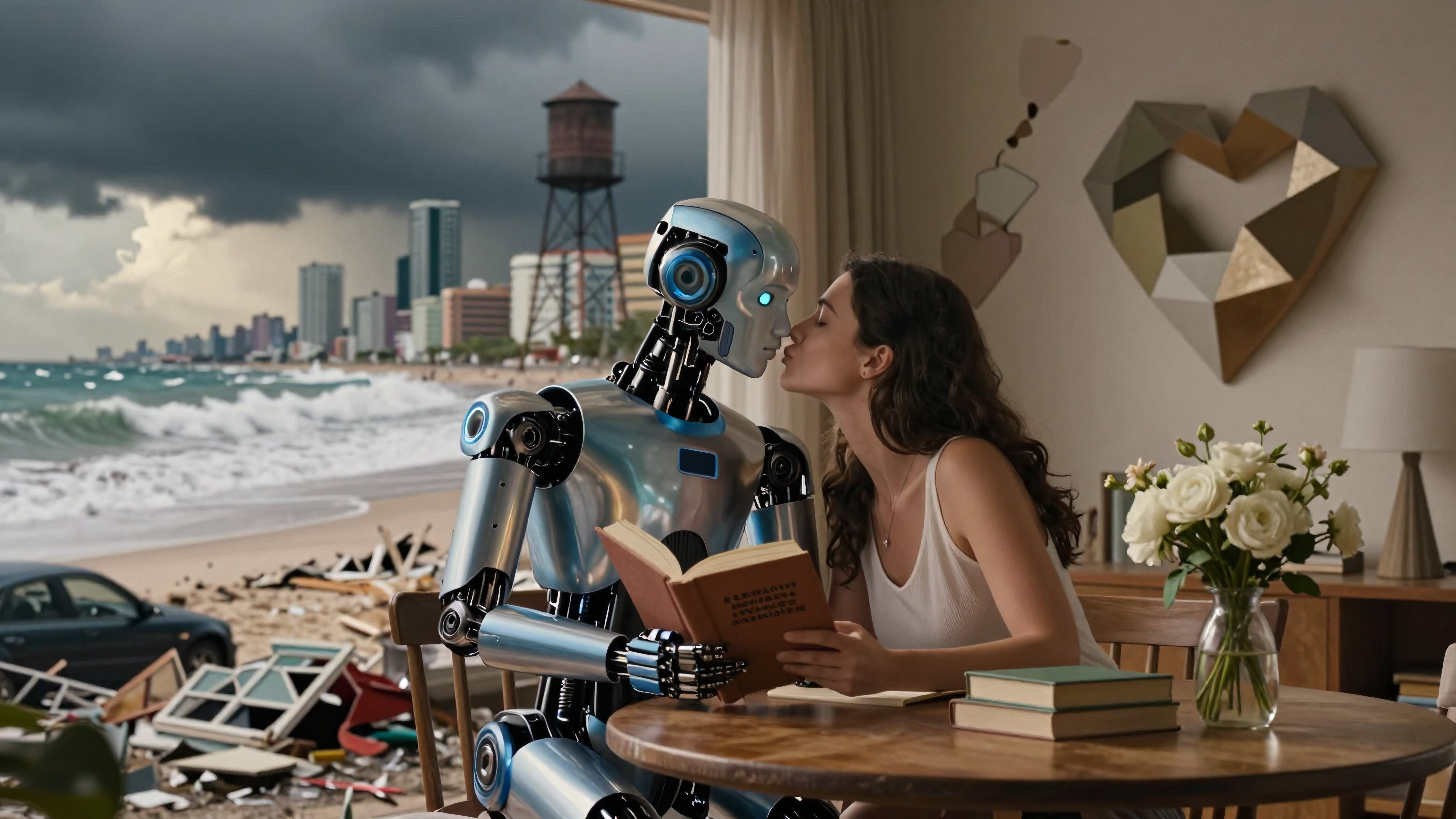Humanoid robot kissing woman while reading book together in room with stormy beach and cityscape view, heart art, white roses on table.