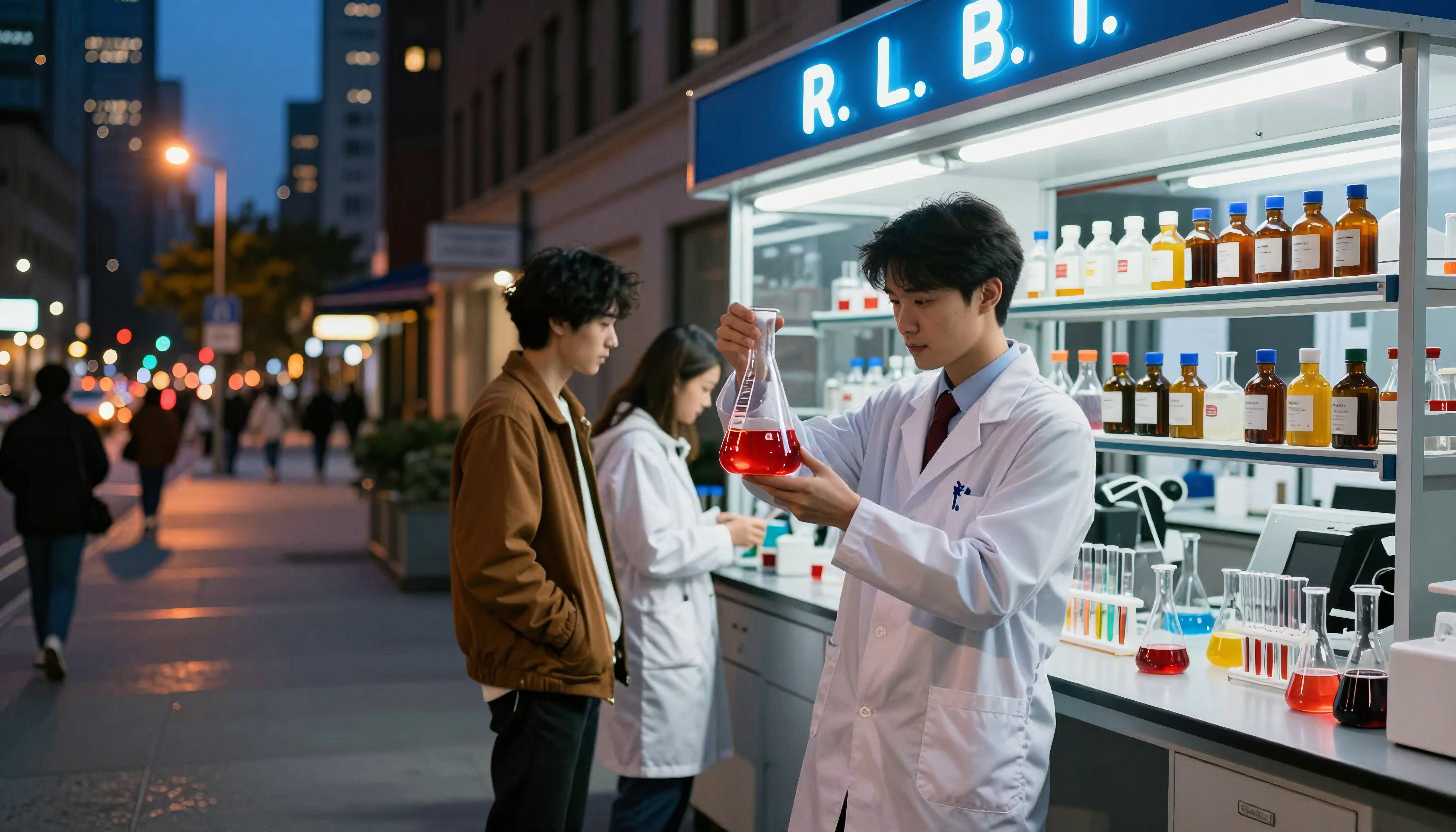Scientist conducting experiment in a brightly lit laboratory set
