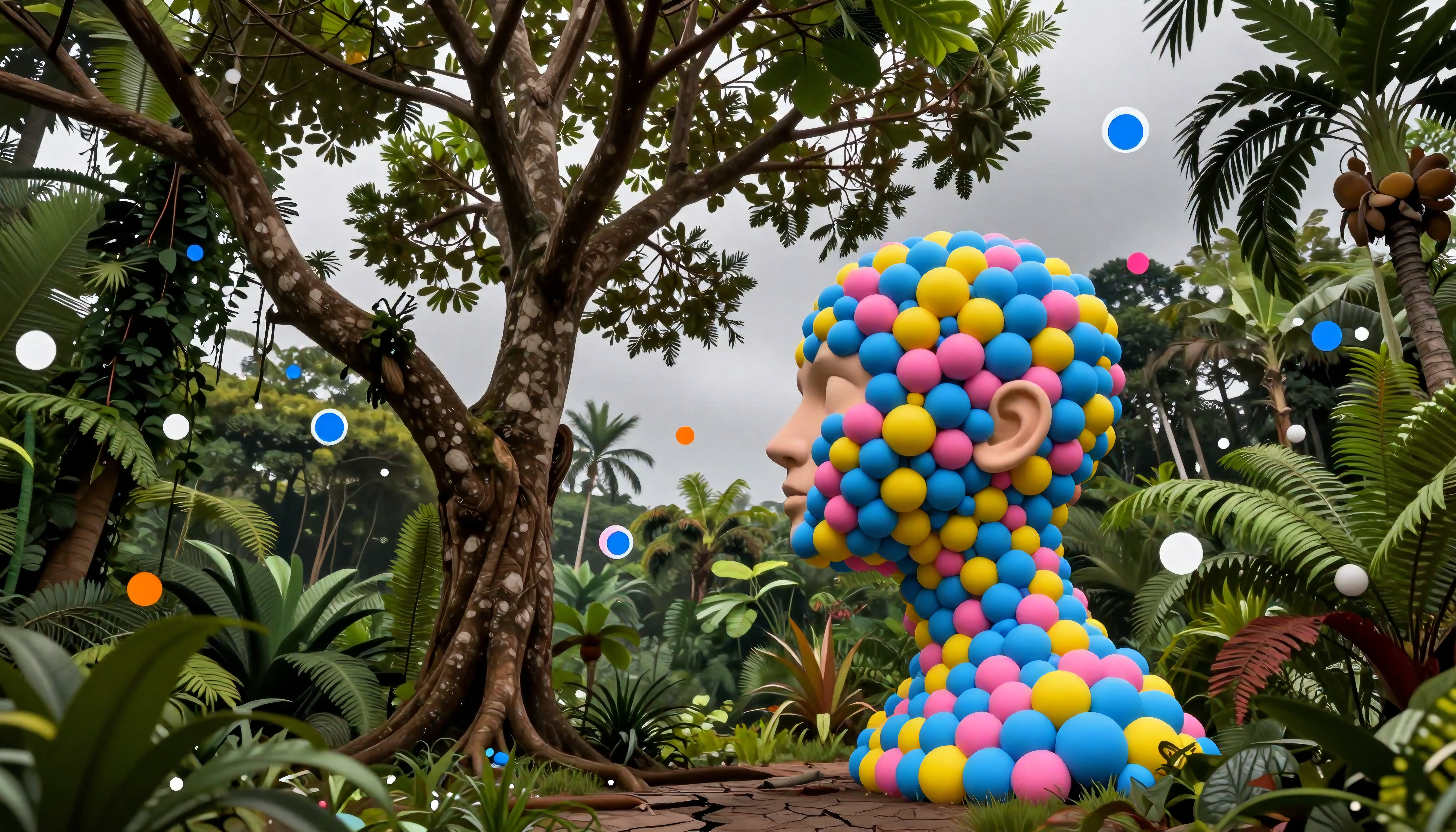 Surreal Pop Art Sphere Sculpture in Lush Tropical Garden Setting