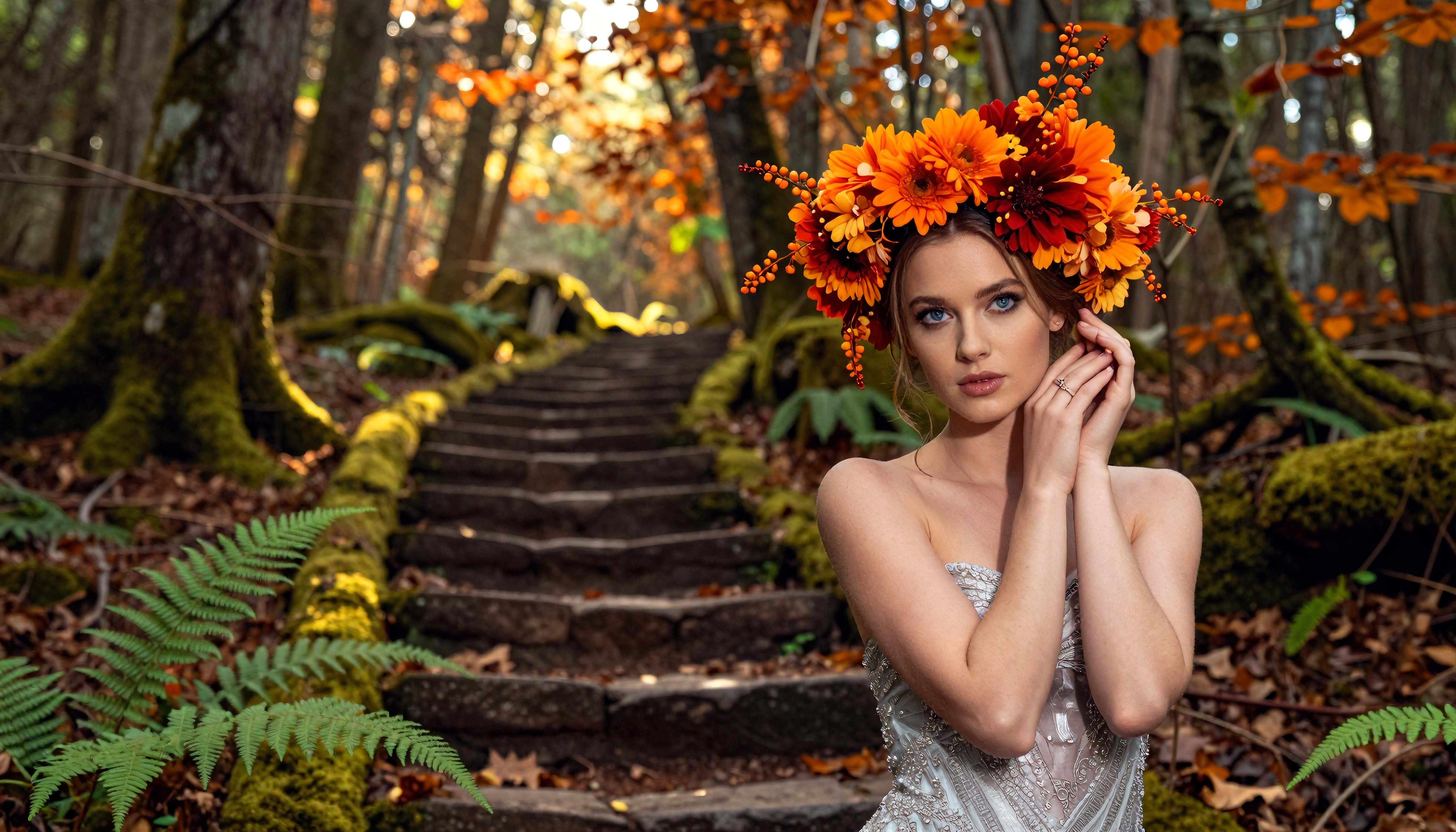 Portrait of a Woman with Floral Crown in a Mystical Forest Setti