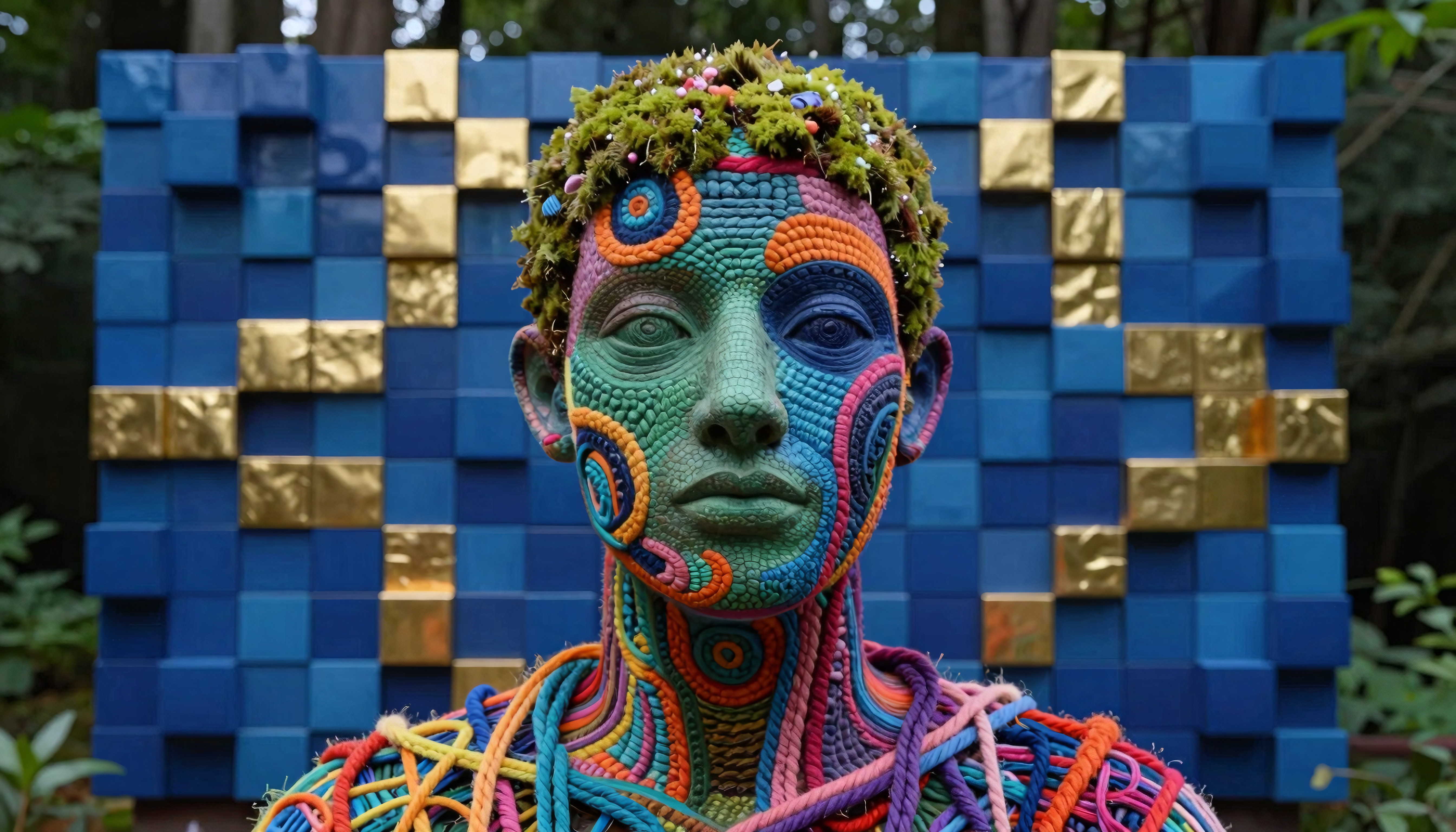 Colorful mosaic sculpture moss head blue gold tile background