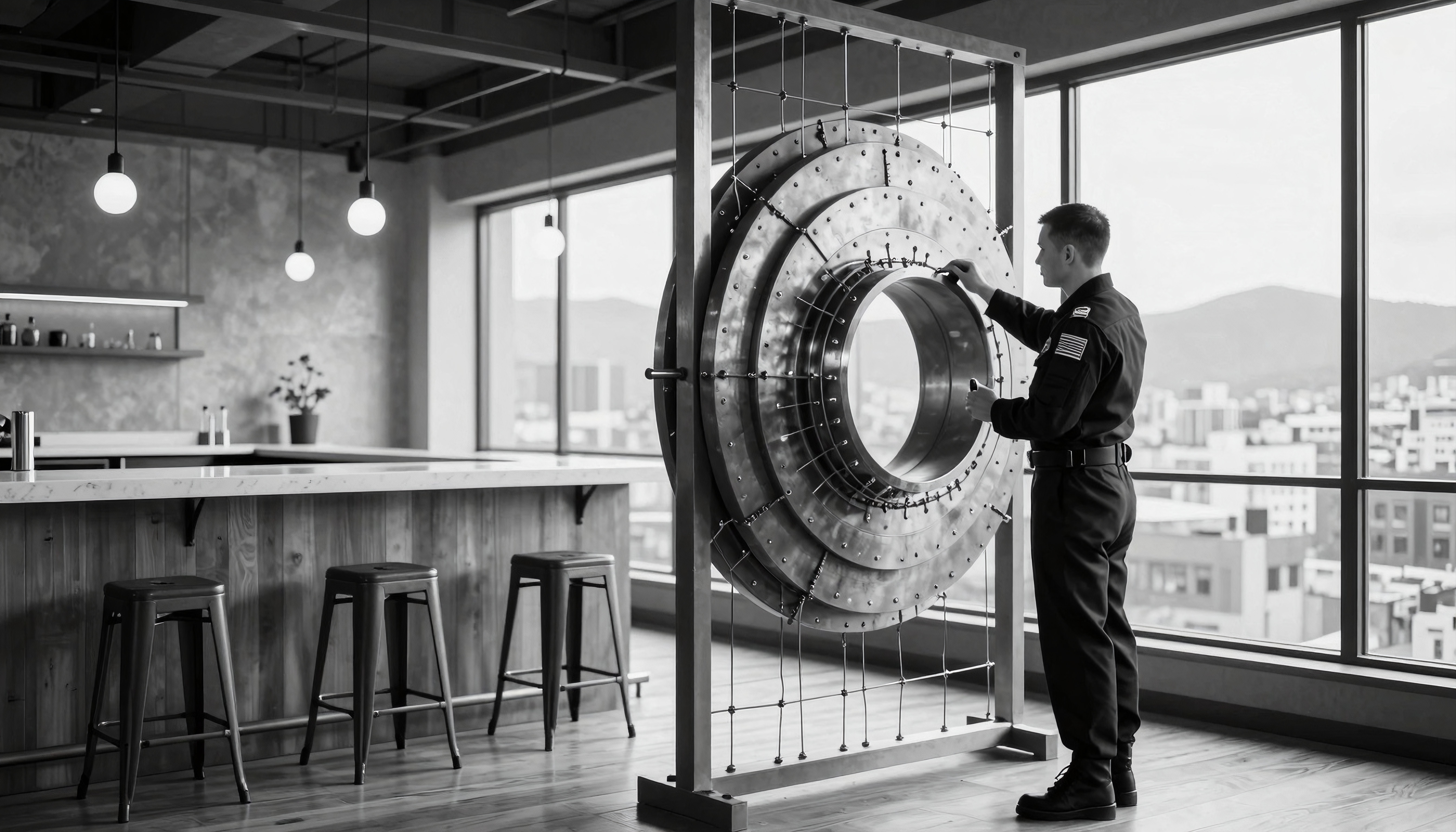 Man in uniform examines circular sculpture inside industrial-designed room.