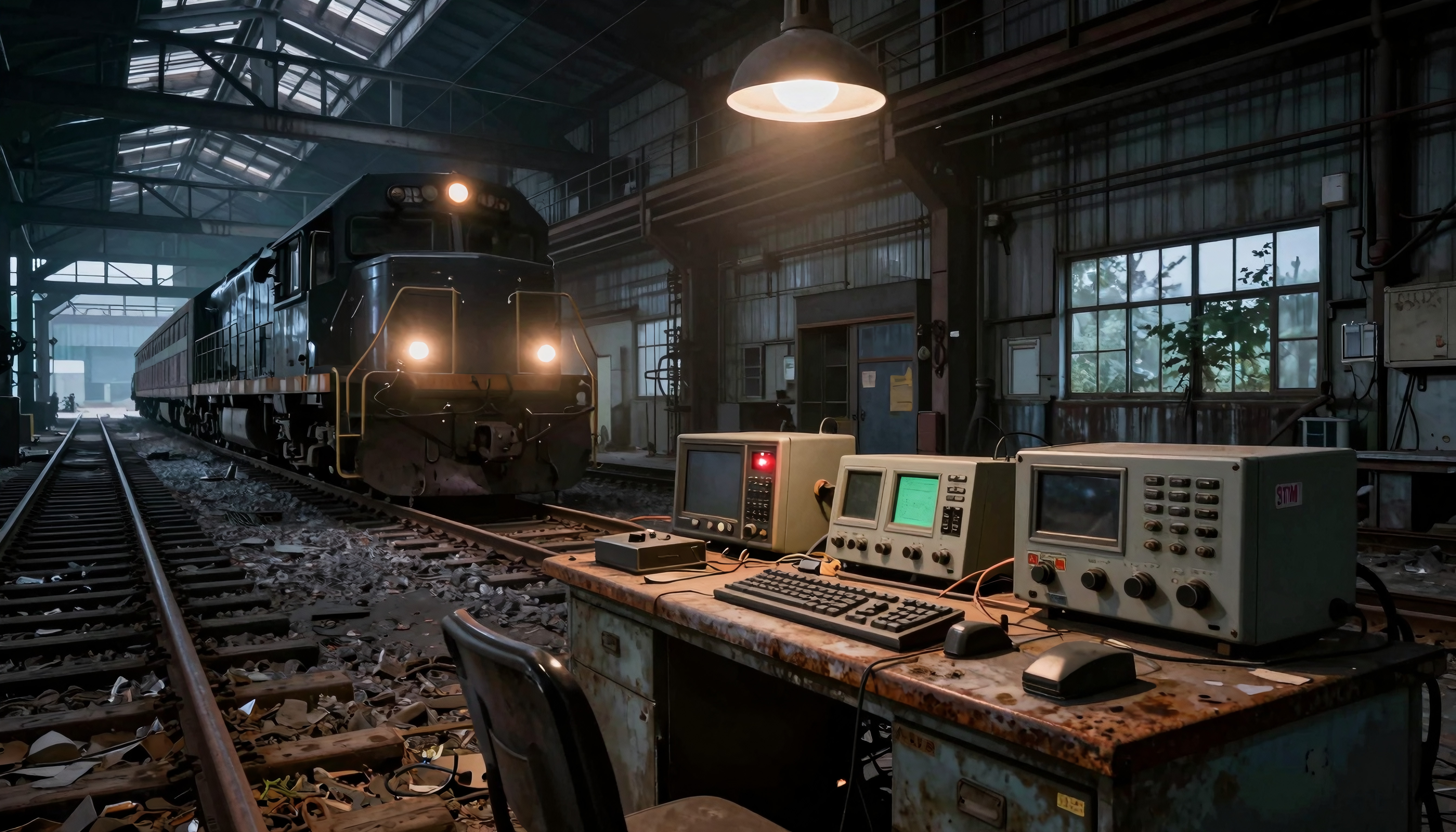 Vintage train and electronics inside a deserted depot.