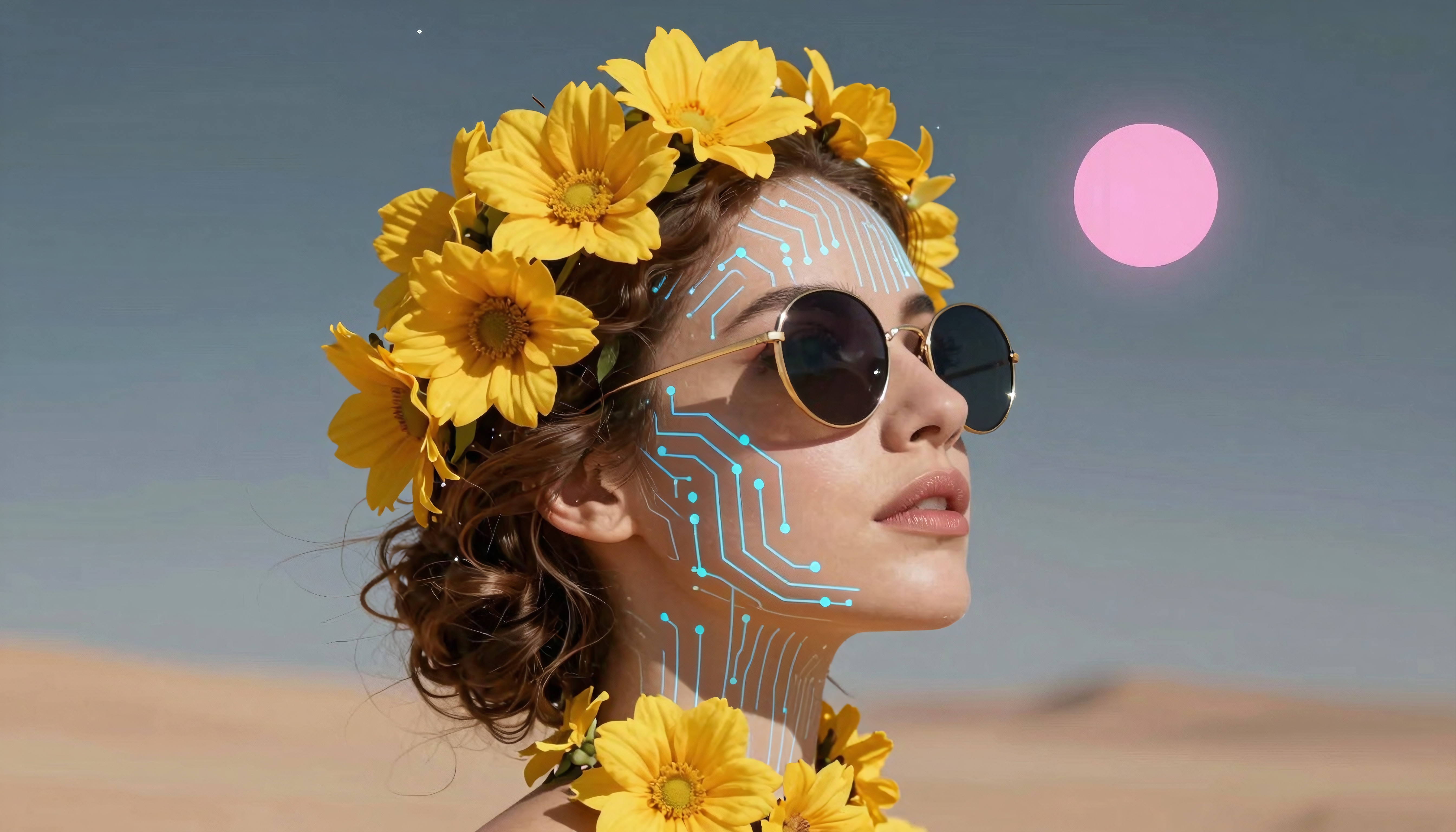 A woman with a yellow flower crown and circuit patterns on her face stands in a desert under a pink sun.
