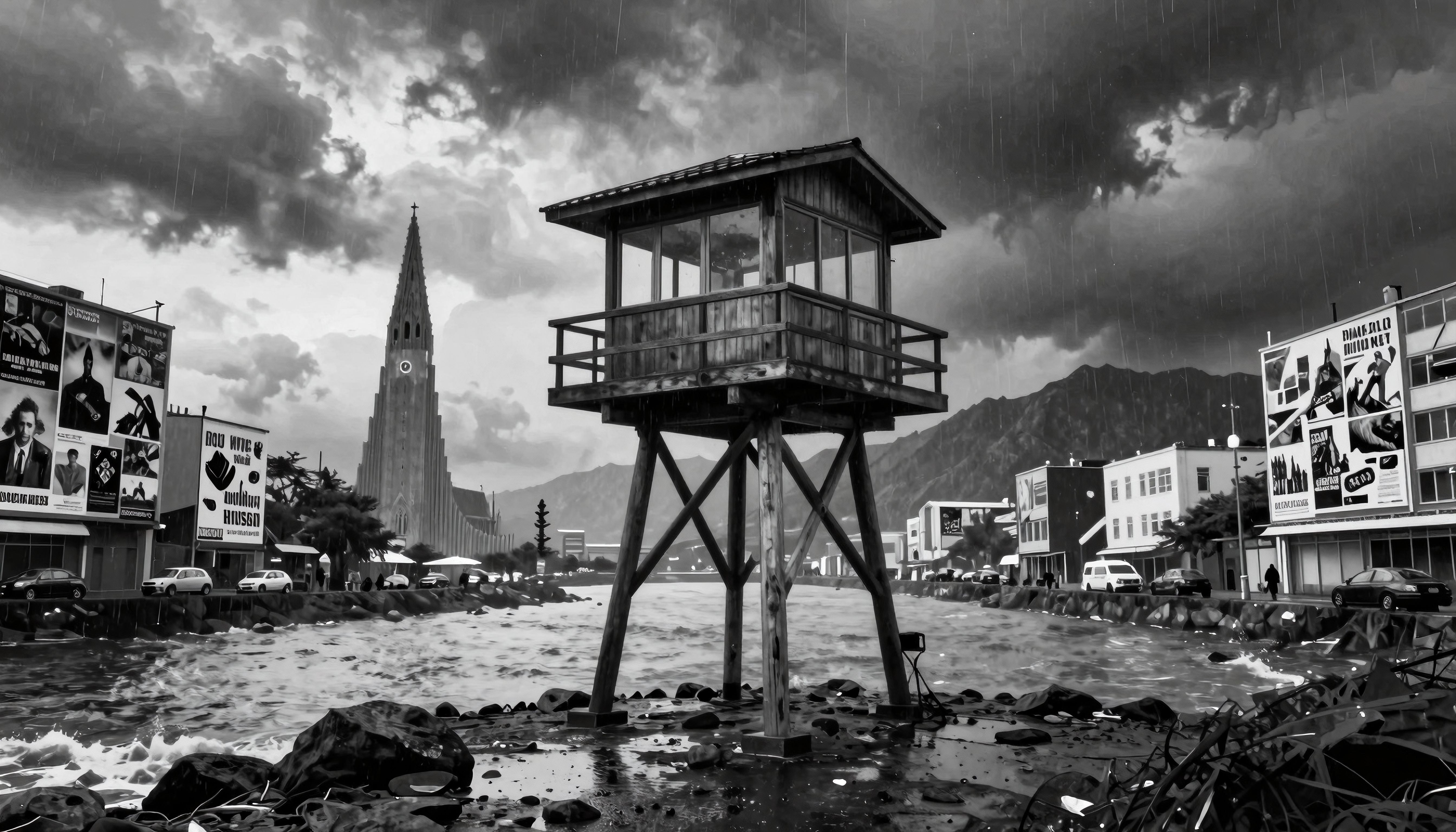 Monochrome scene: watchtower, steeple, and billboards in a city backdrop with dramatic clouds.