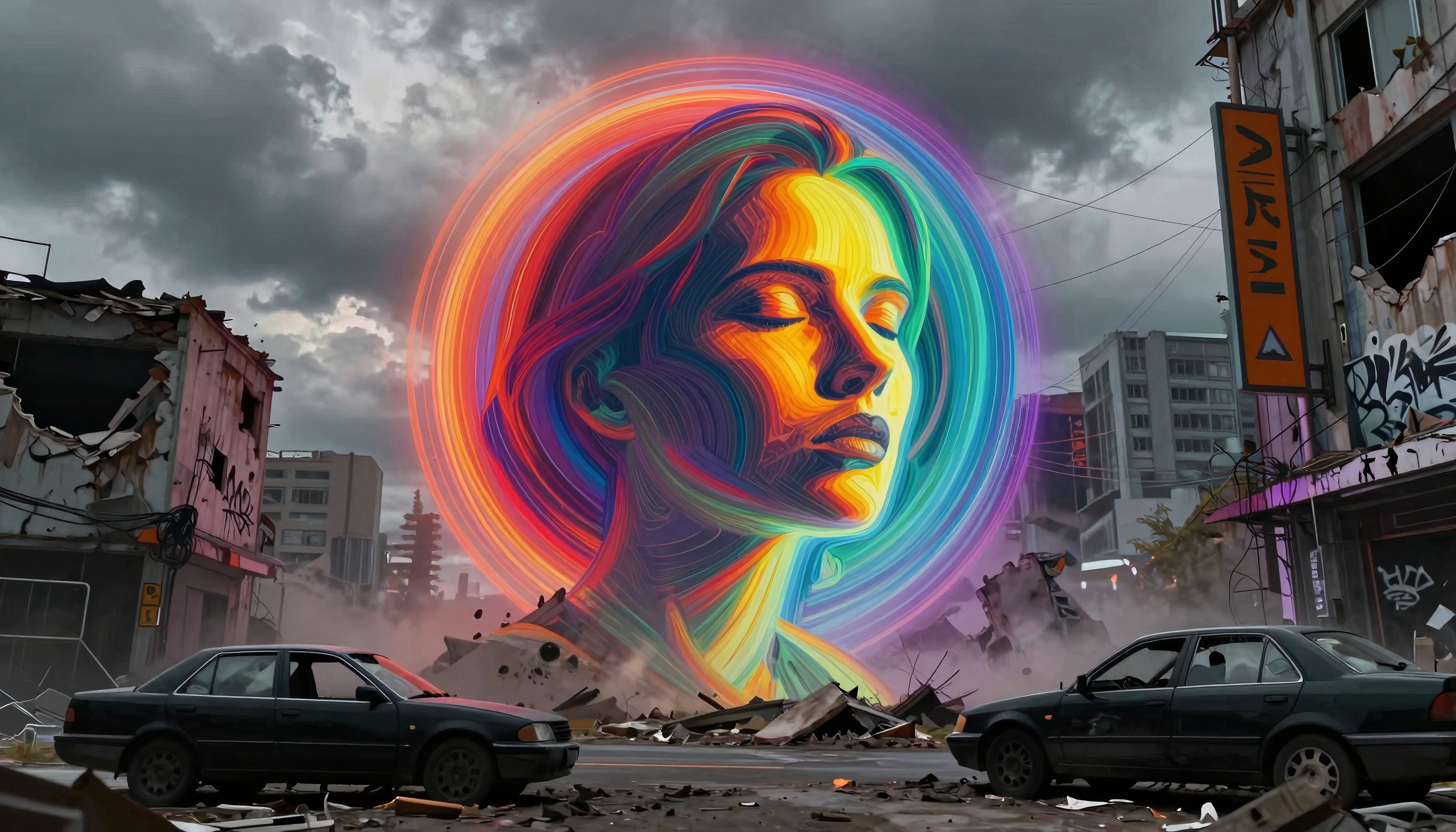 A colorful surreal portrait in a desolate urban landscape.