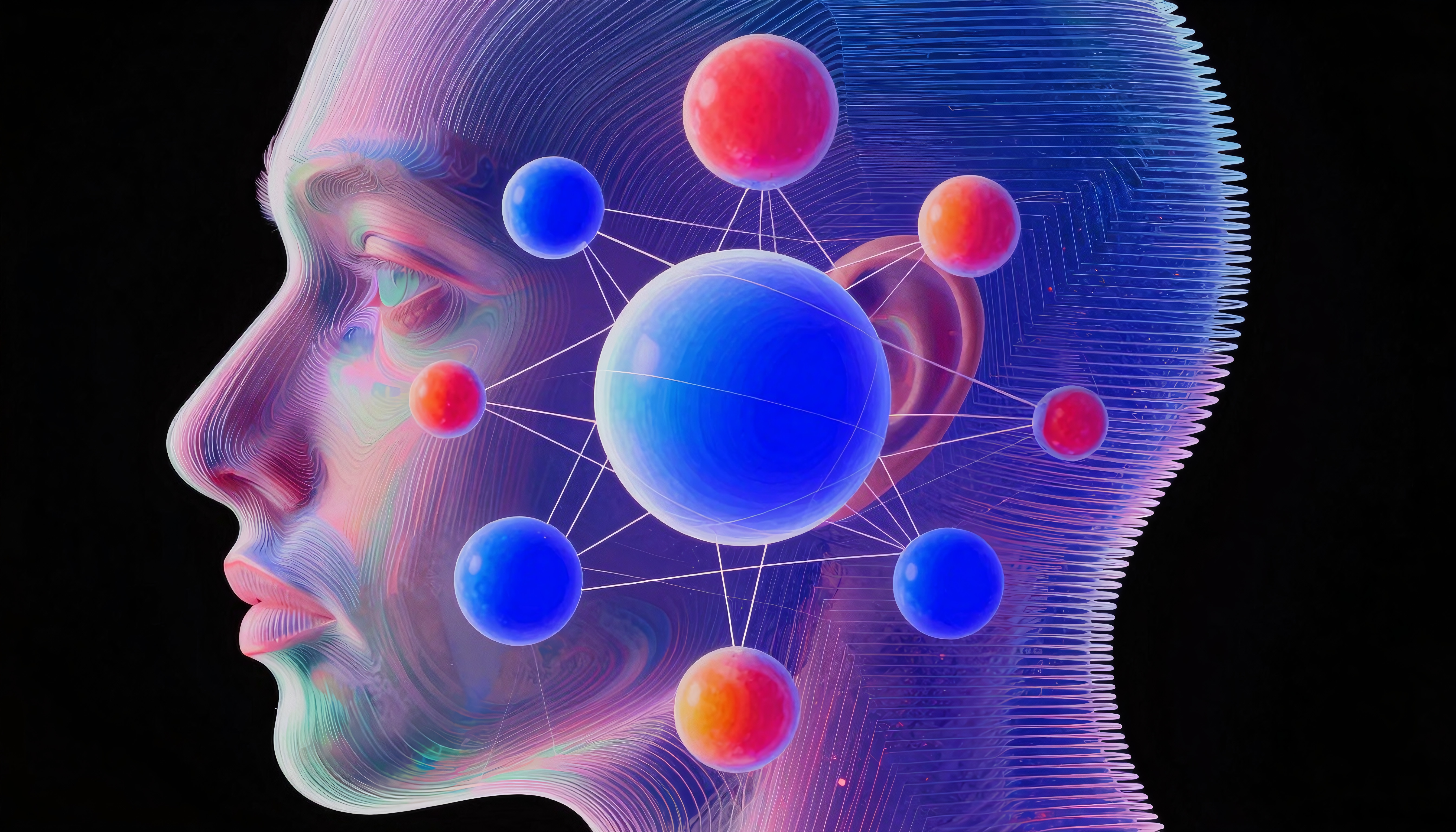 Colorful digital head with futuristic floating spheres connected by lines, symbolizing technology and neural networks.
