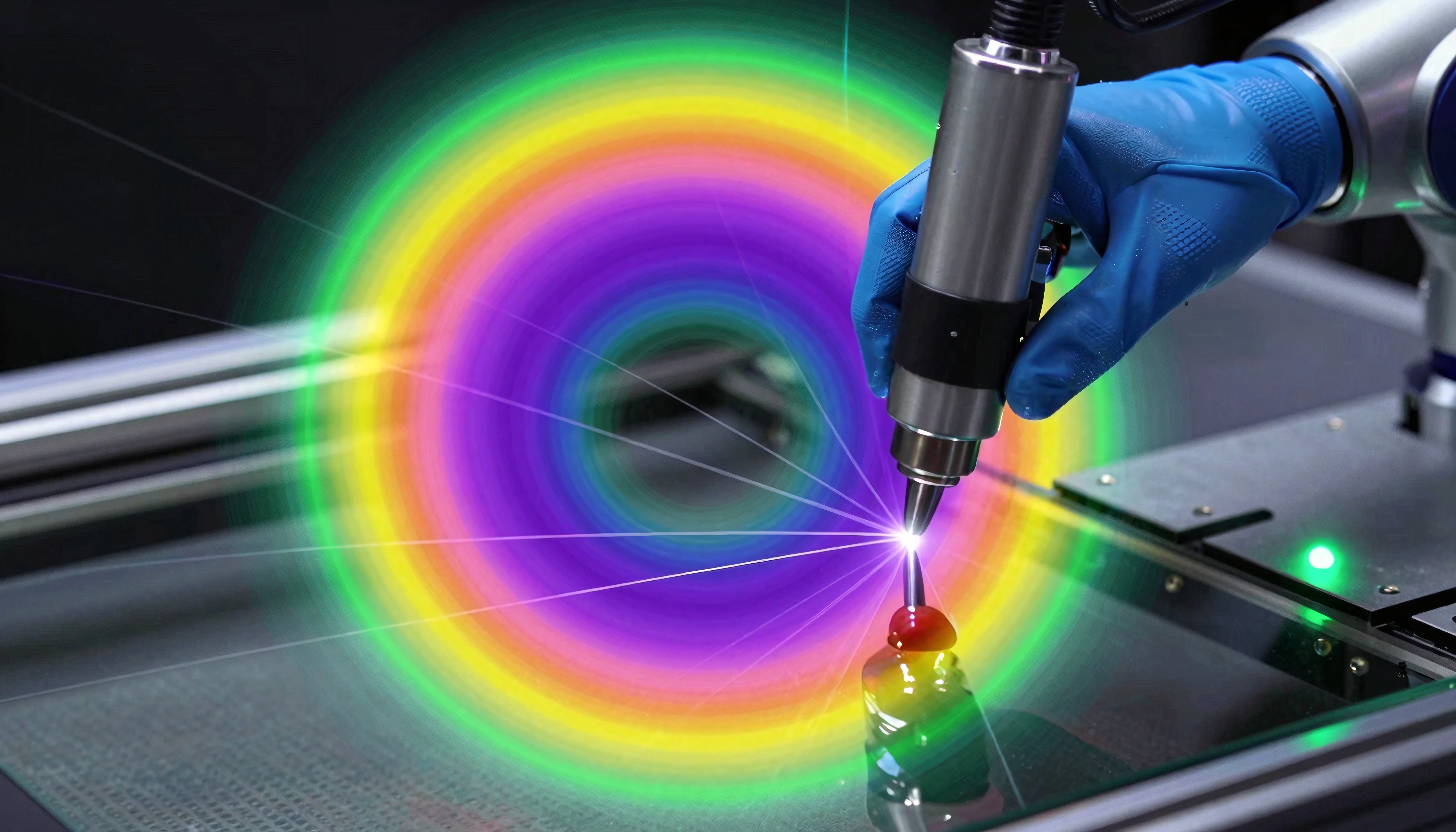 A laser device emits a vibrant rainbow spectrum, creating a scientific and artistic visual effect in a laboratory setting.