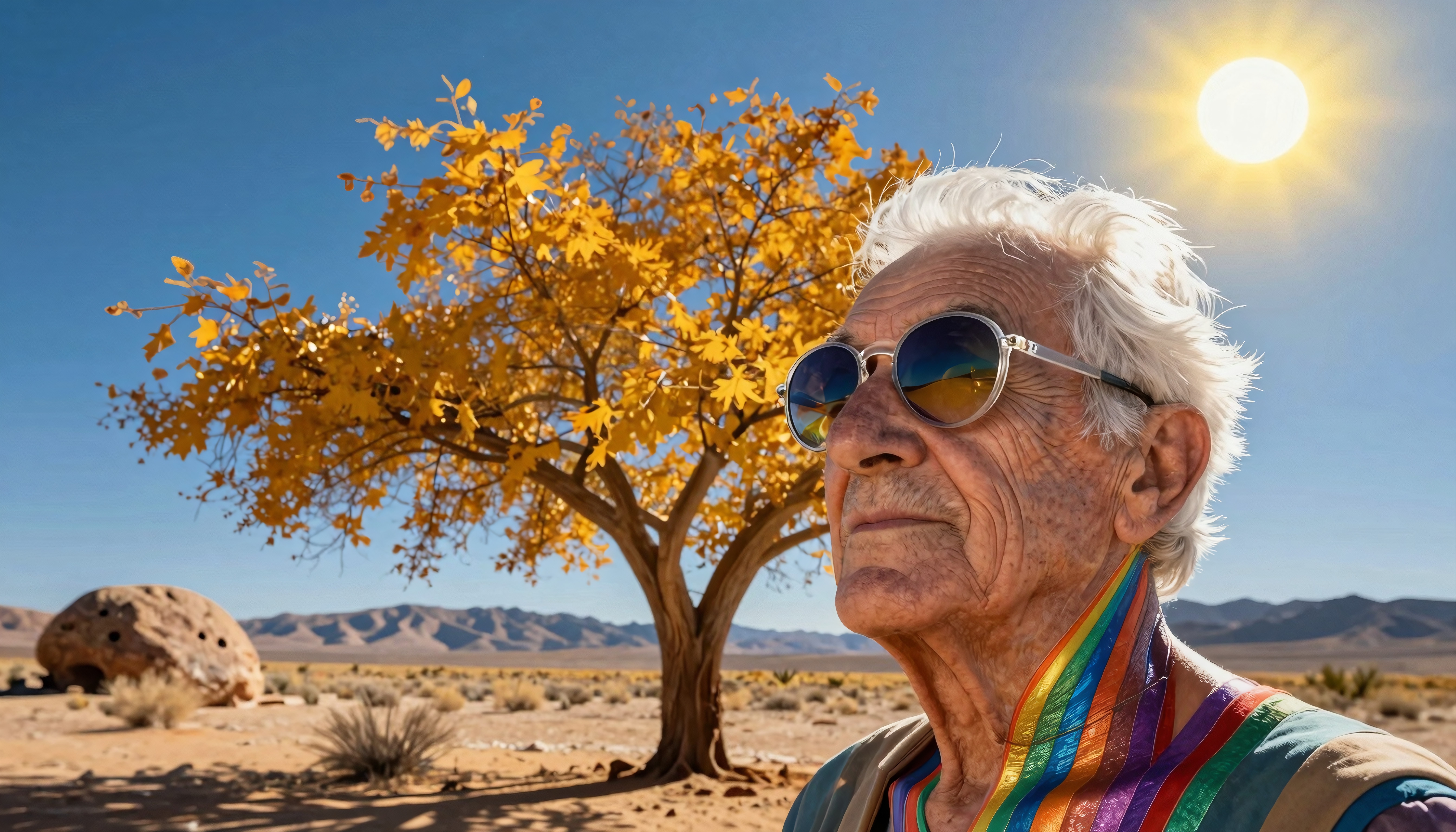 Elderly man in reflective sunglasses with rainbow collar stands against a serene desert landscape under bright sunlight.