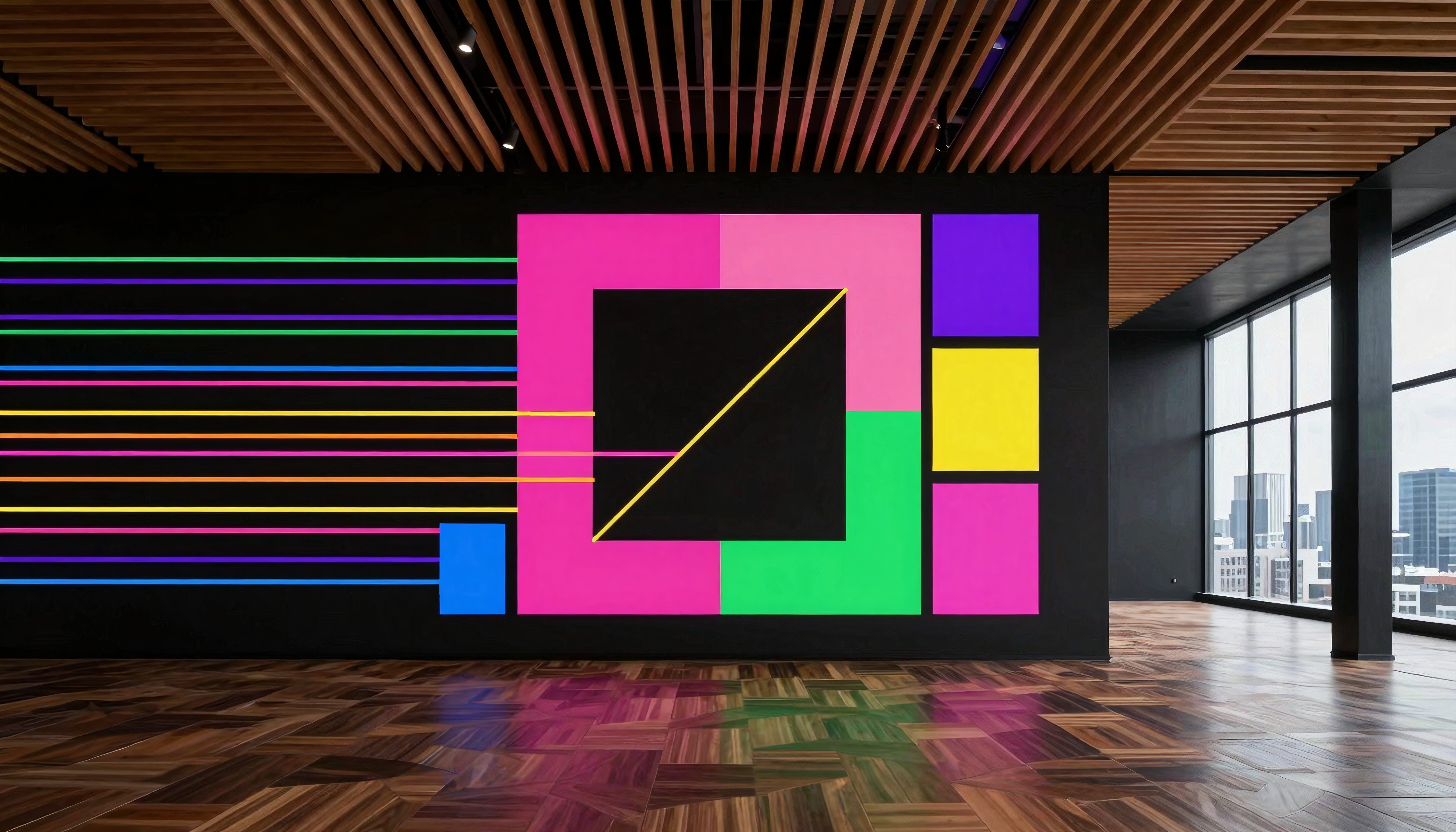 Colorful geometric wall art in modern interior space with wooden elements and urban view.