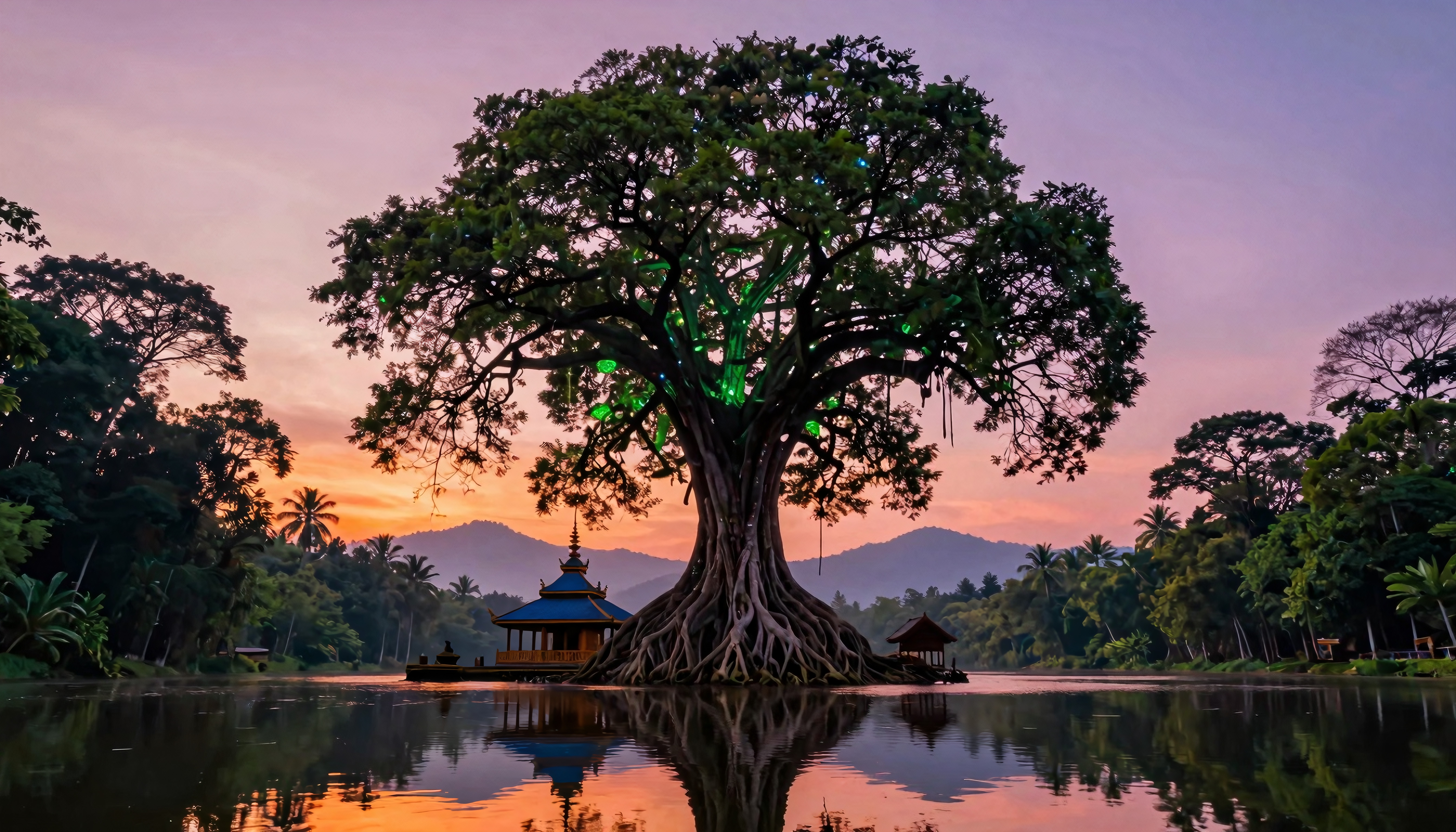 A majestic tree lit with green lights at sunset near a temple, reflecting in still waters.