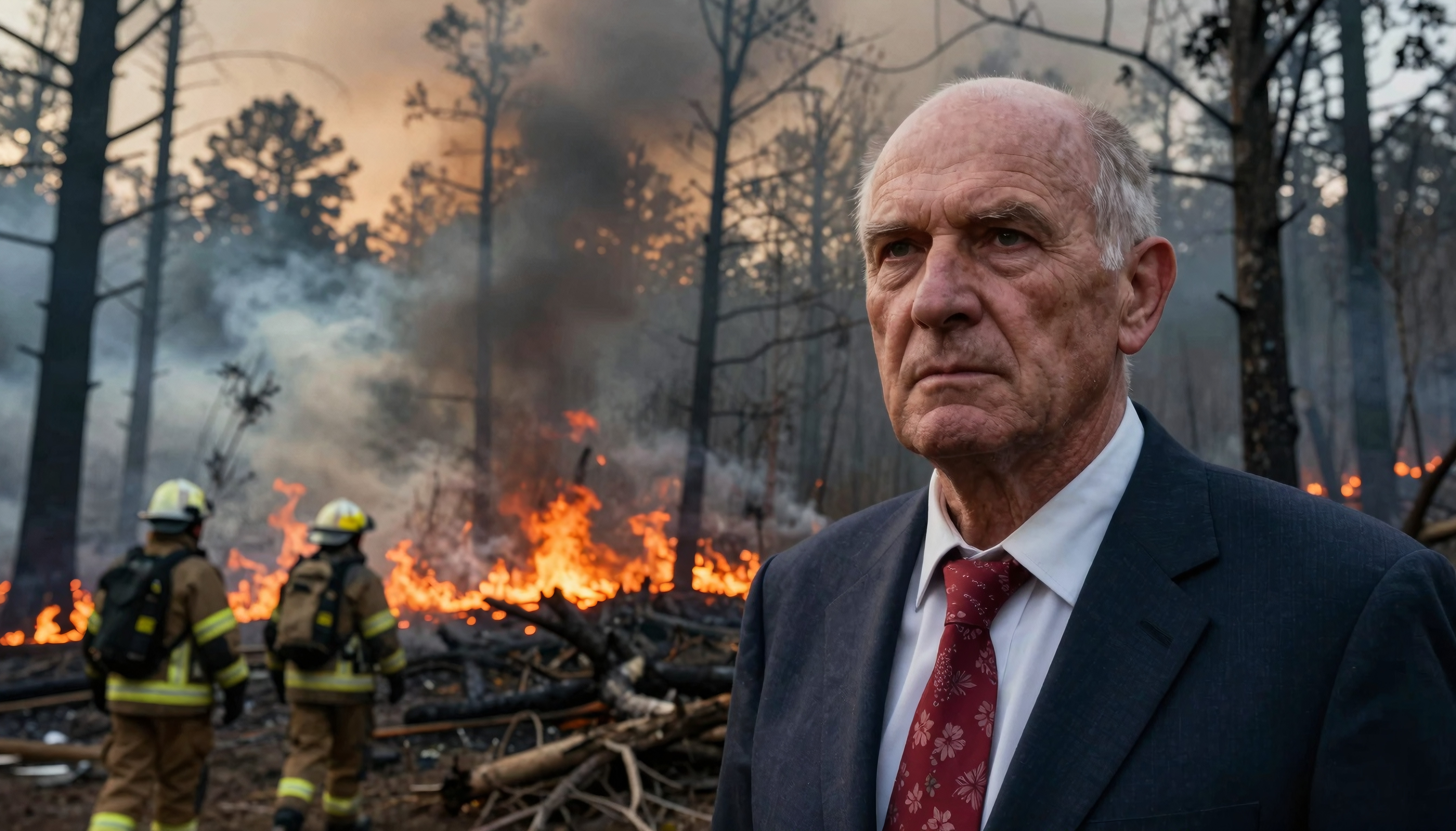An older man in a suit stands in front of a forest fire with firefighters in the background.