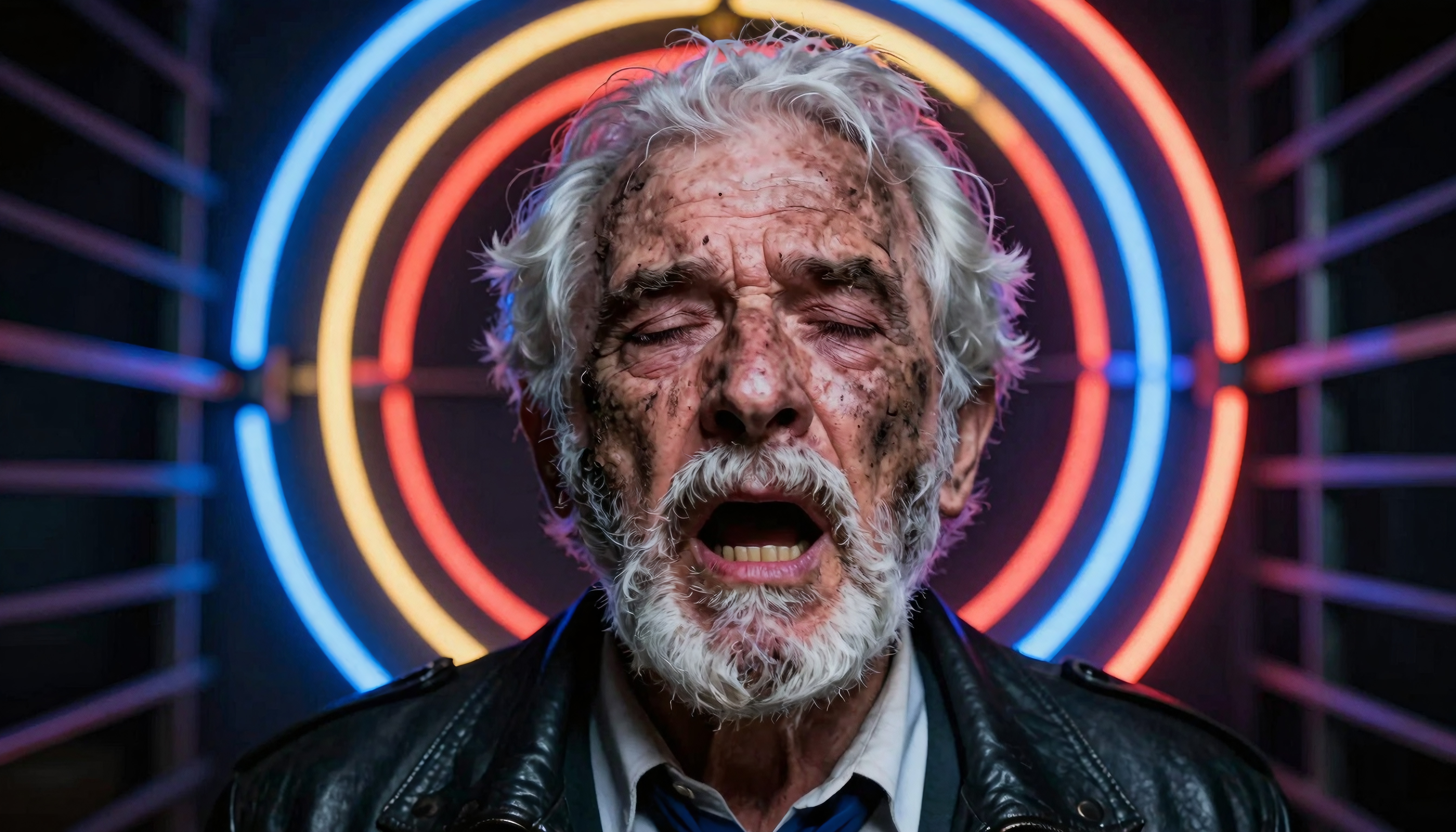 Elderly man, weathered face, open mouth, neon lights background.