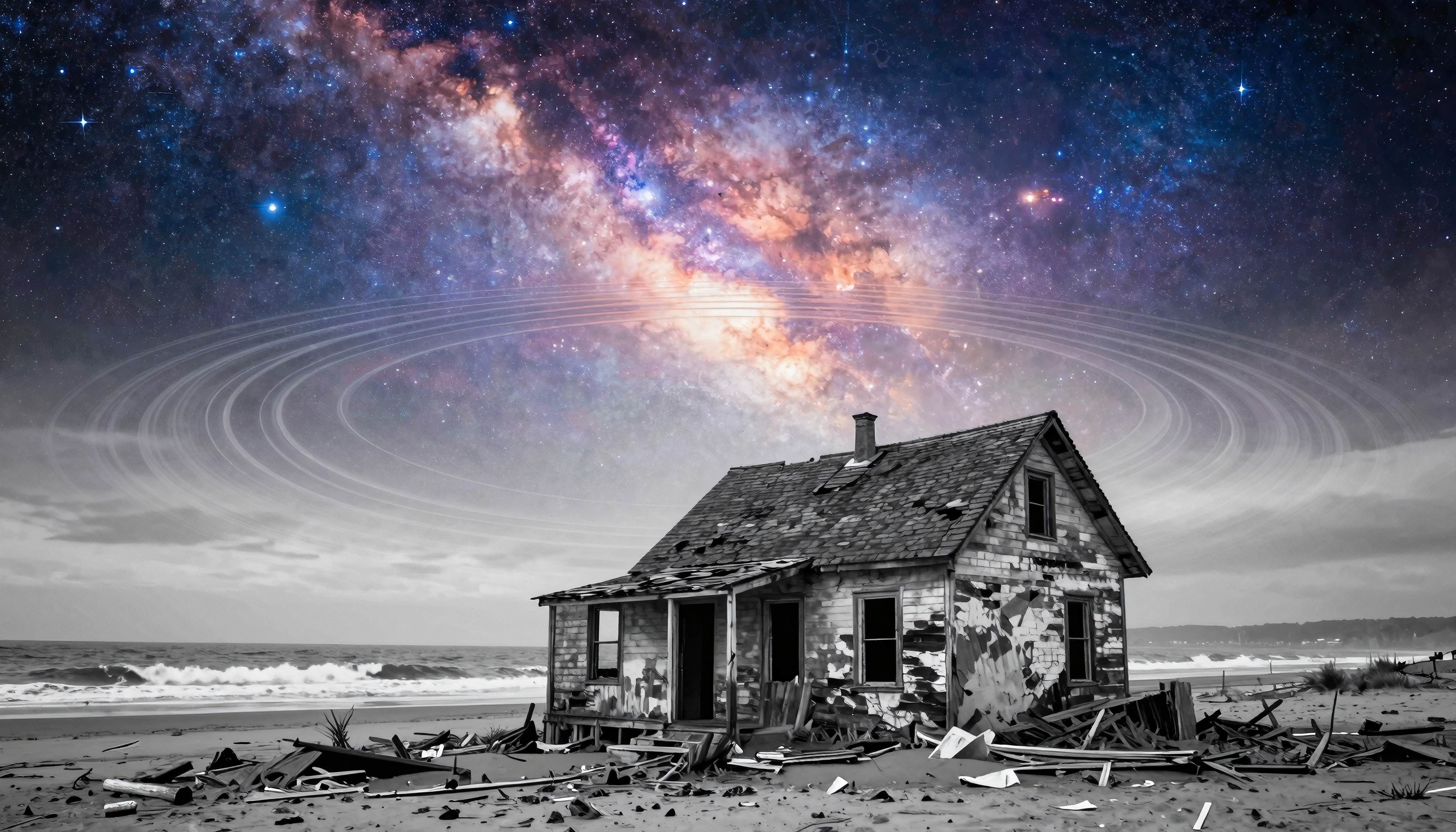 A dilapidated beach house under a vibrant galaxy.