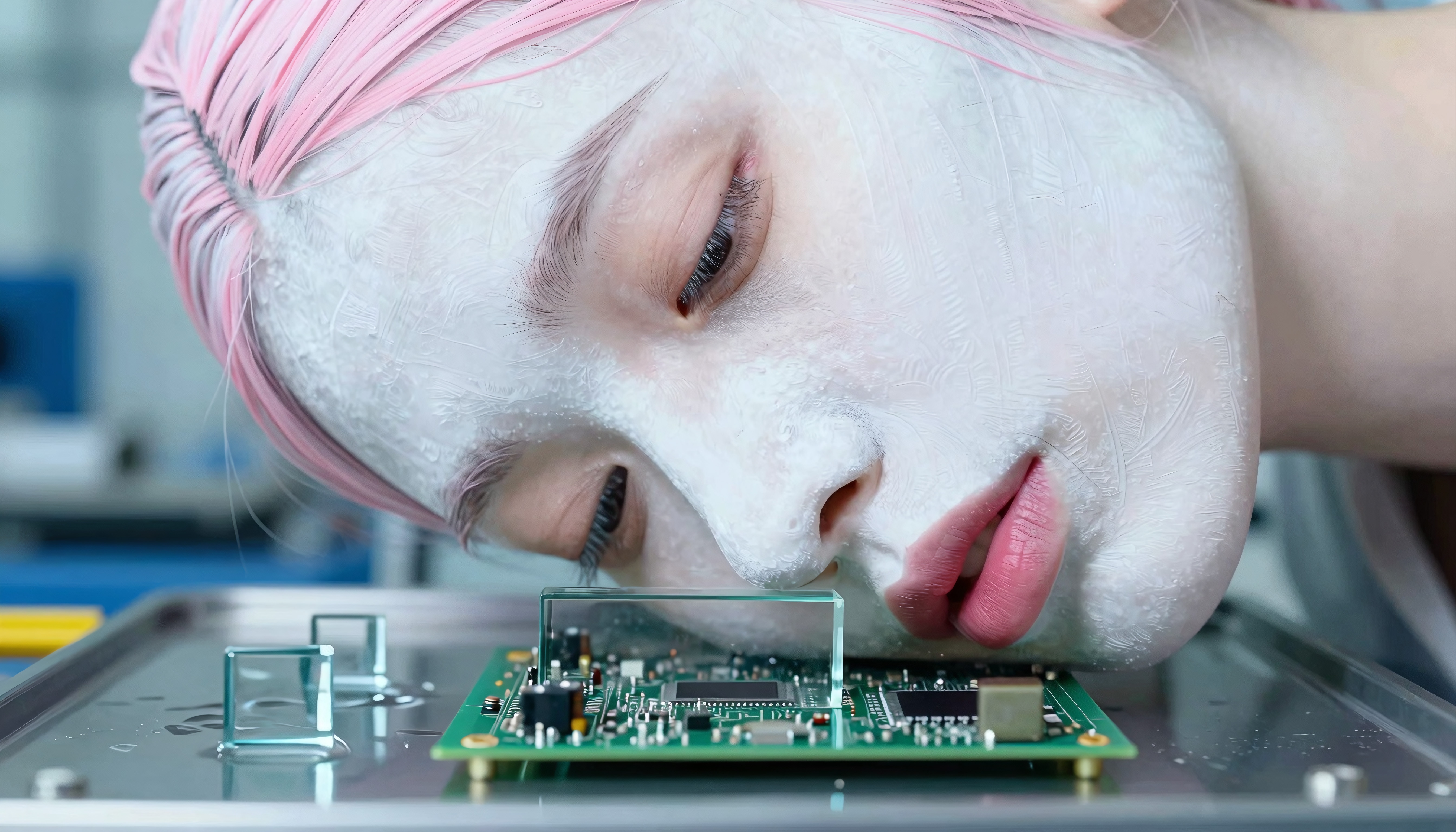 A person with pink hair examines a circuit board under bright lighting.