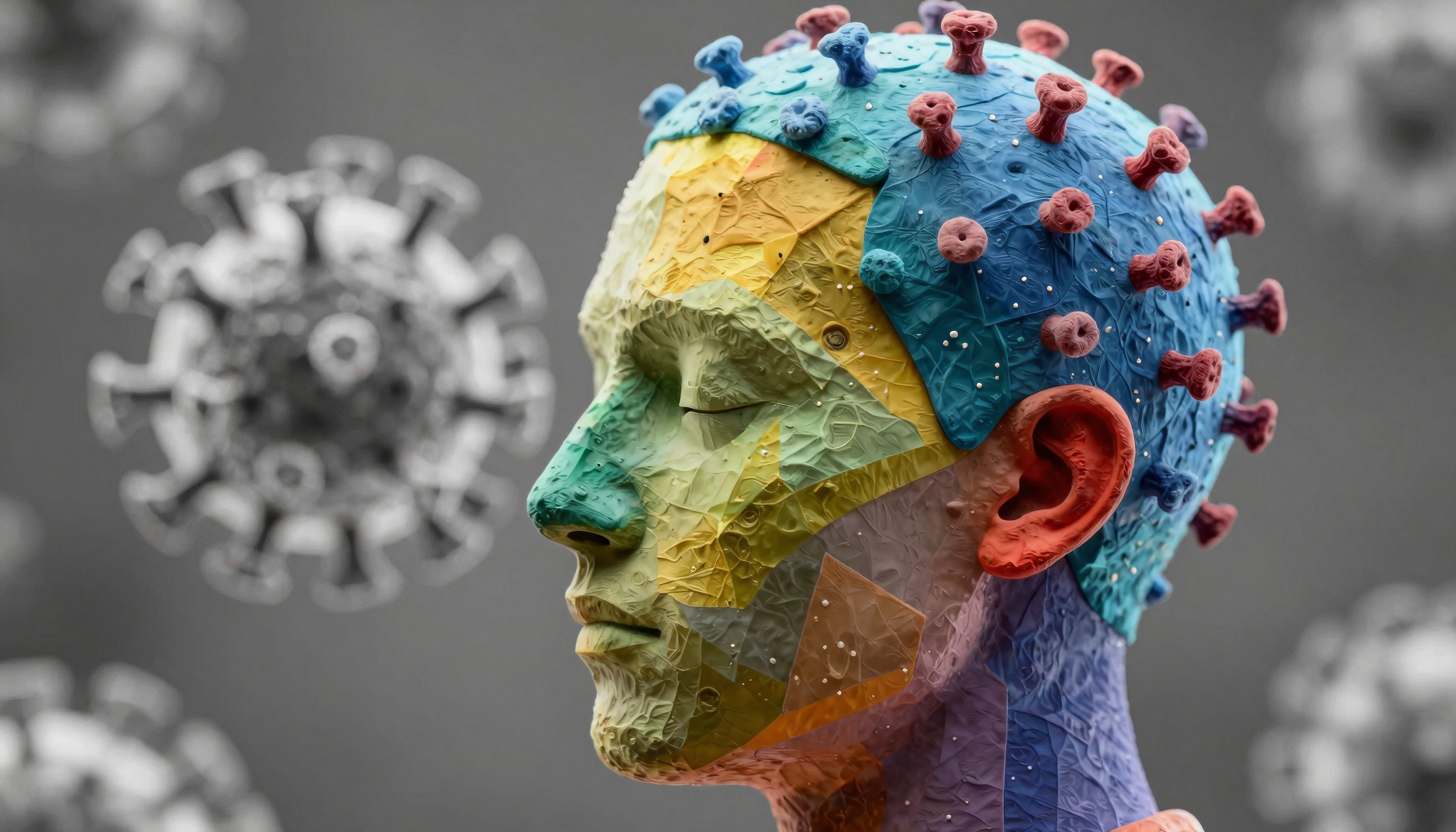 Colorful sculpture of a human head with virus-like features, symbolizing the pandemic era.