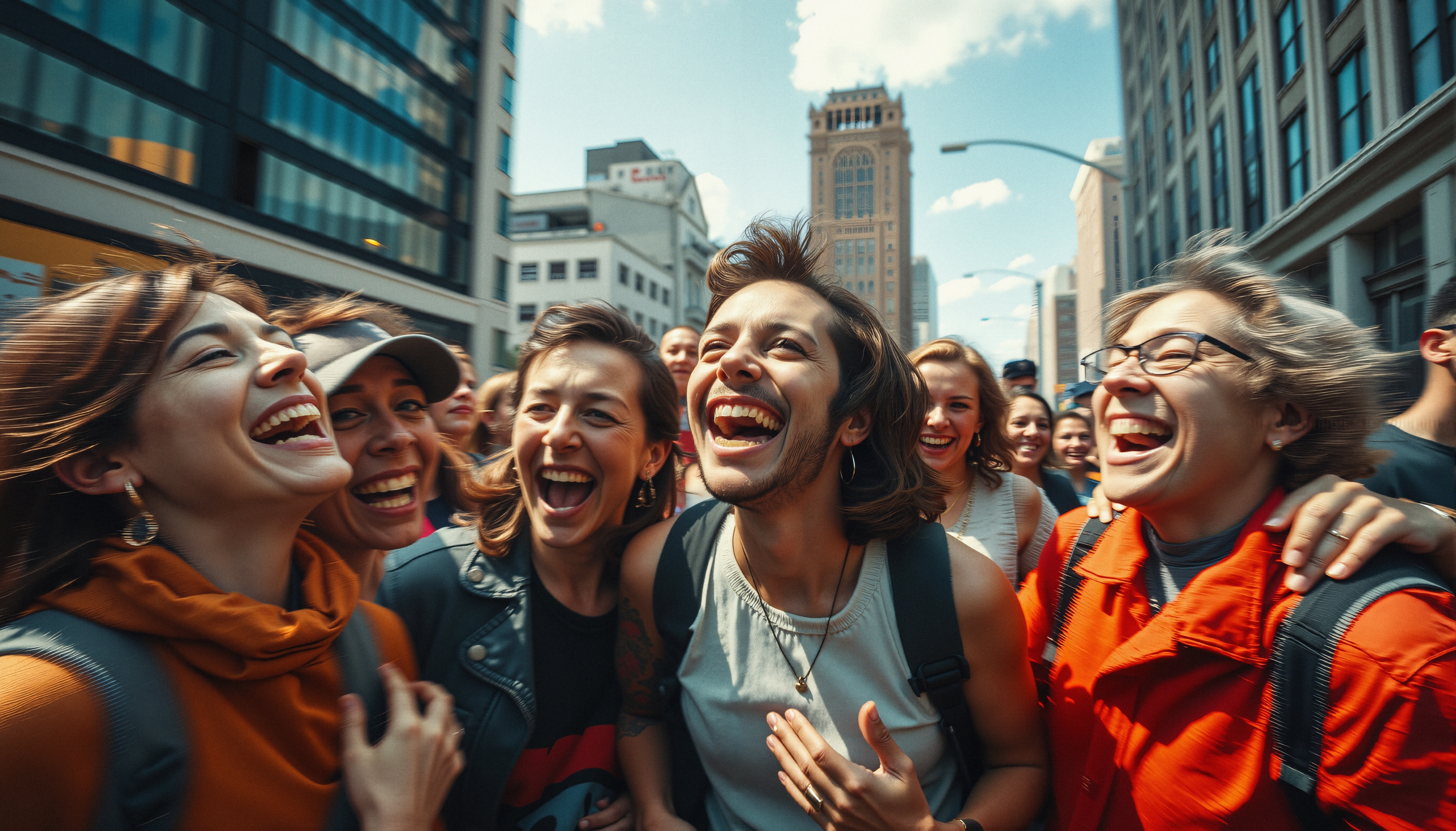 A vibrant group of people joyfully laughing together on a sunny city street.