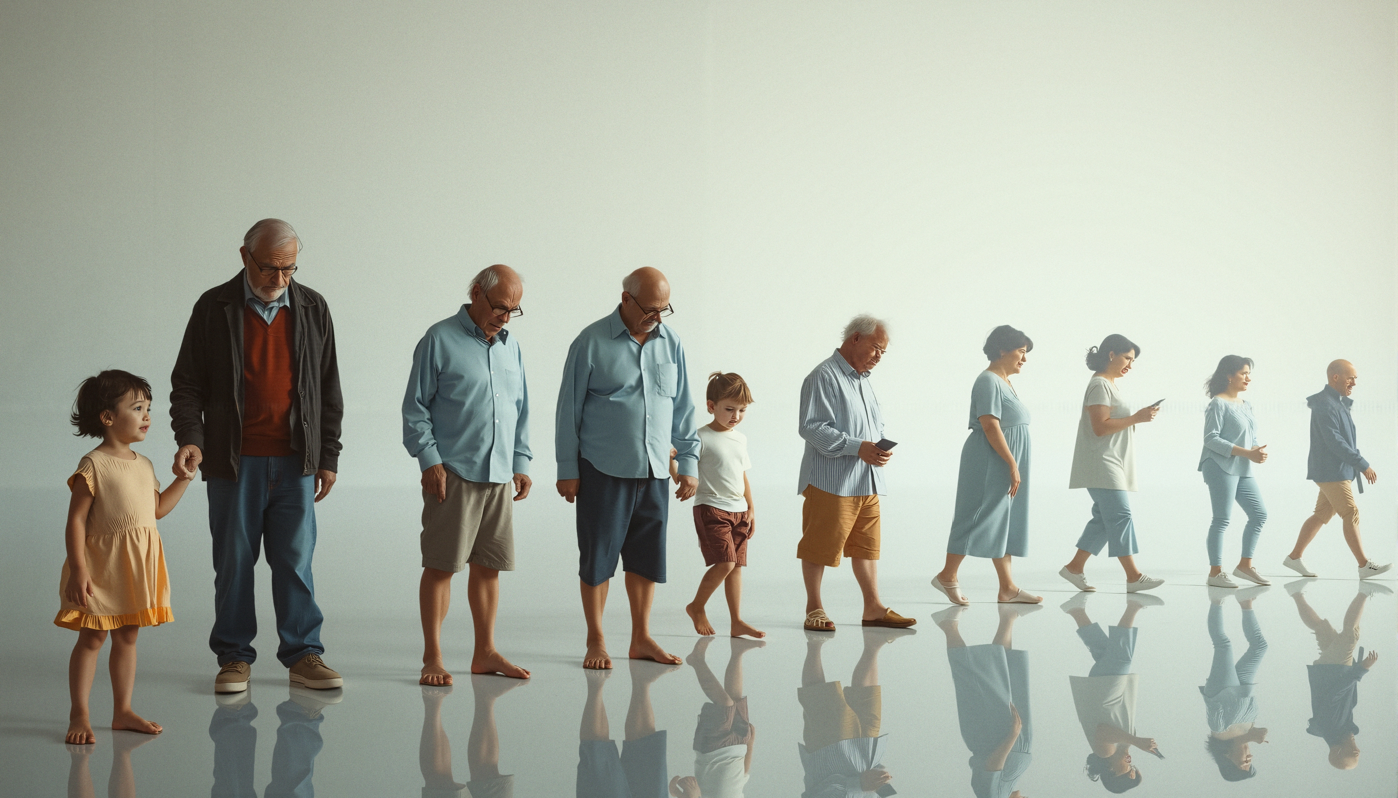 A chronological lineup of diverse people representing various life stages in a bright, open space.