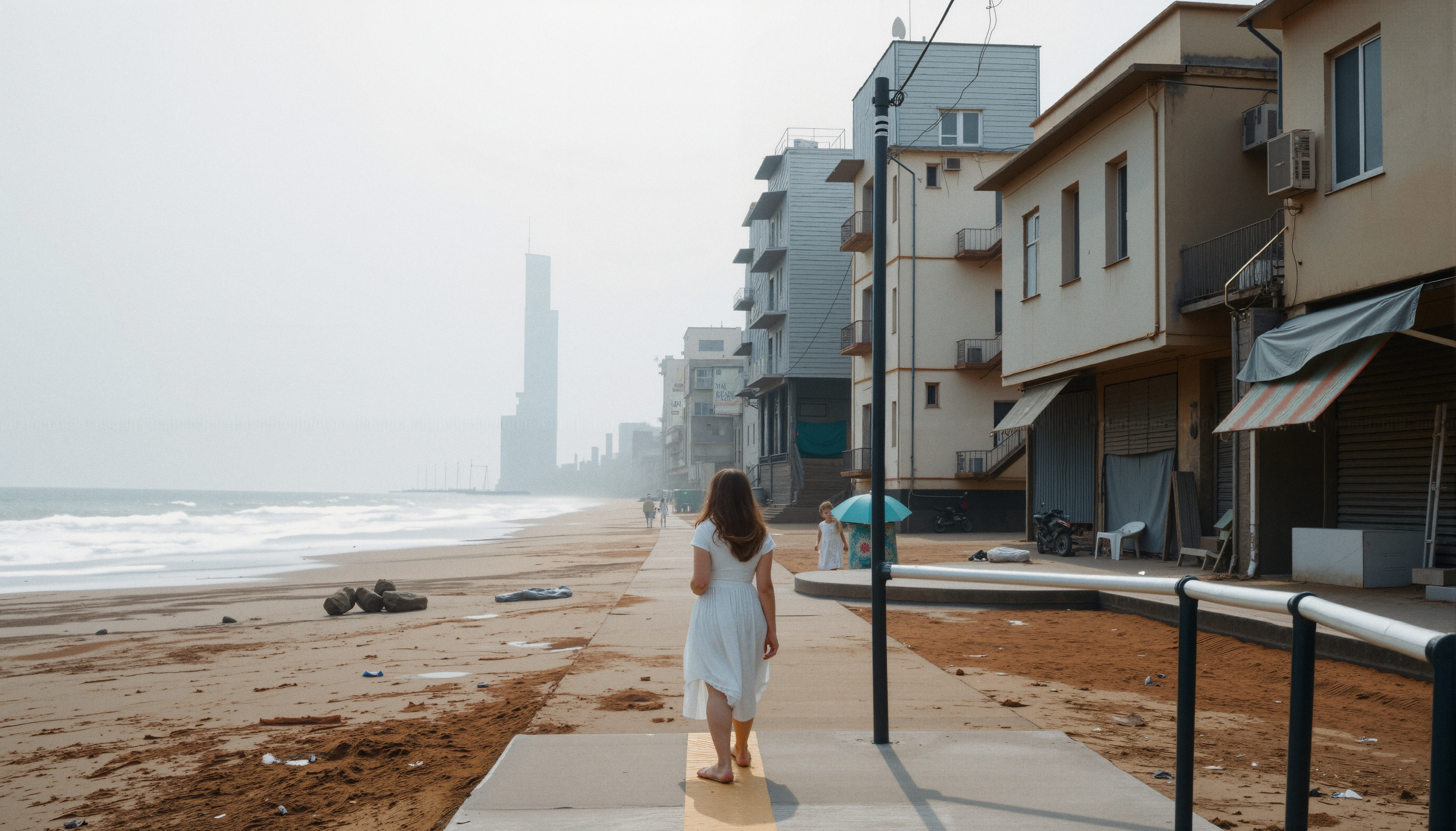 Woman walking barefoot on seaside boardwalk overlooking ocean with tall buildings in background