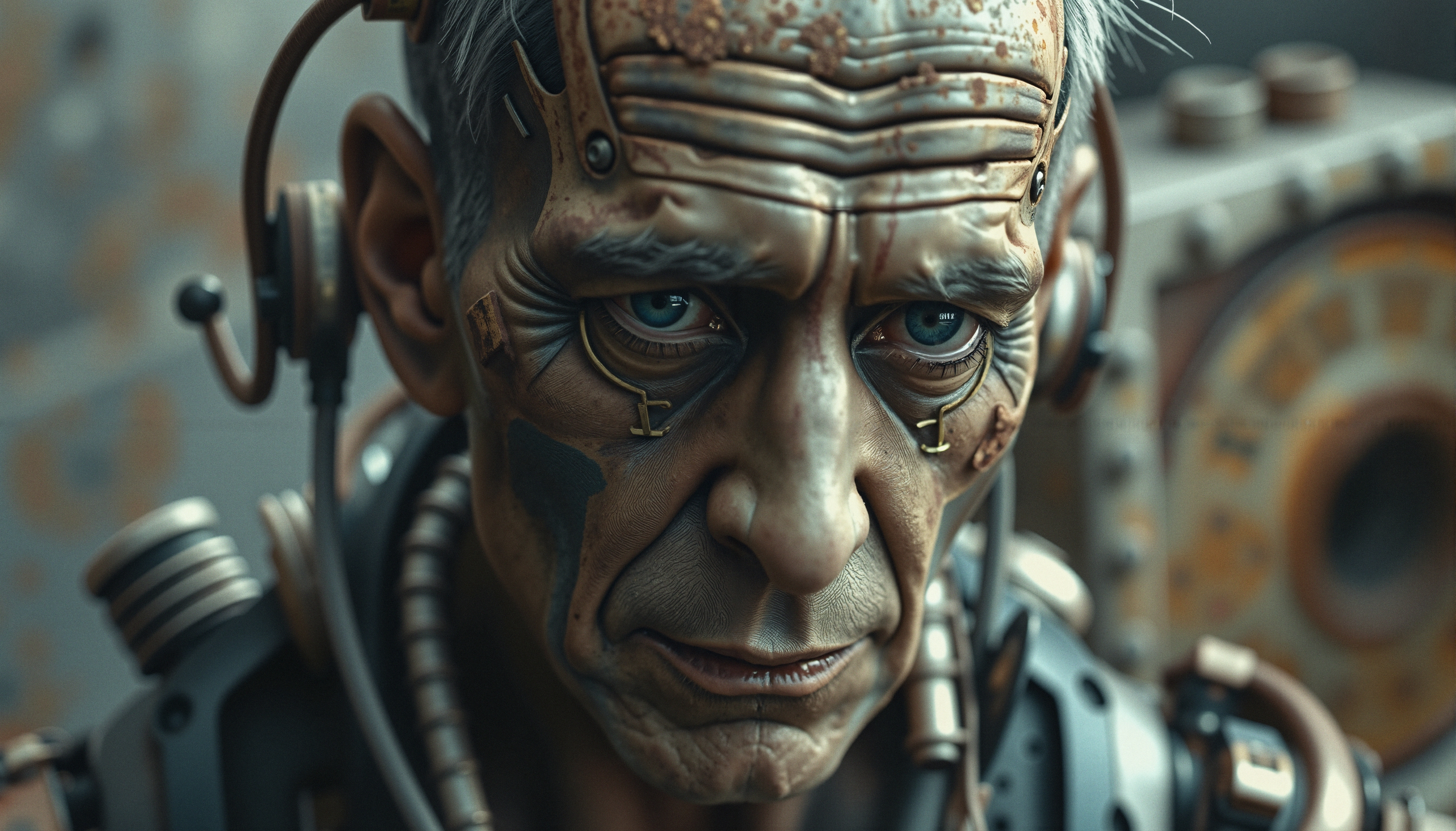 A close-up of a weathered cyborg face with detailed metallic components and an intense gaze.
