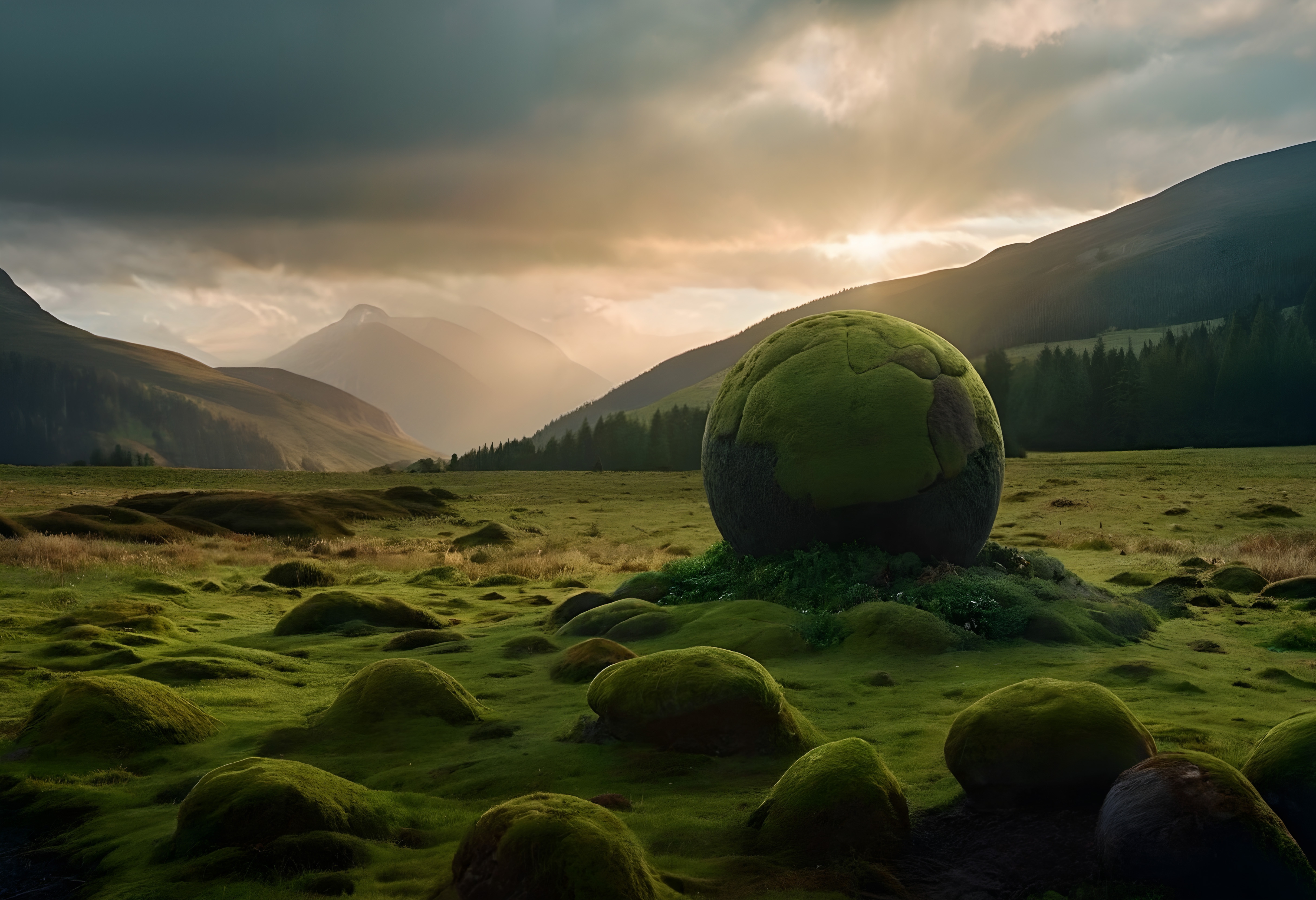 A large, mossy sphere in a picturesque green valley illuminated by sunset.