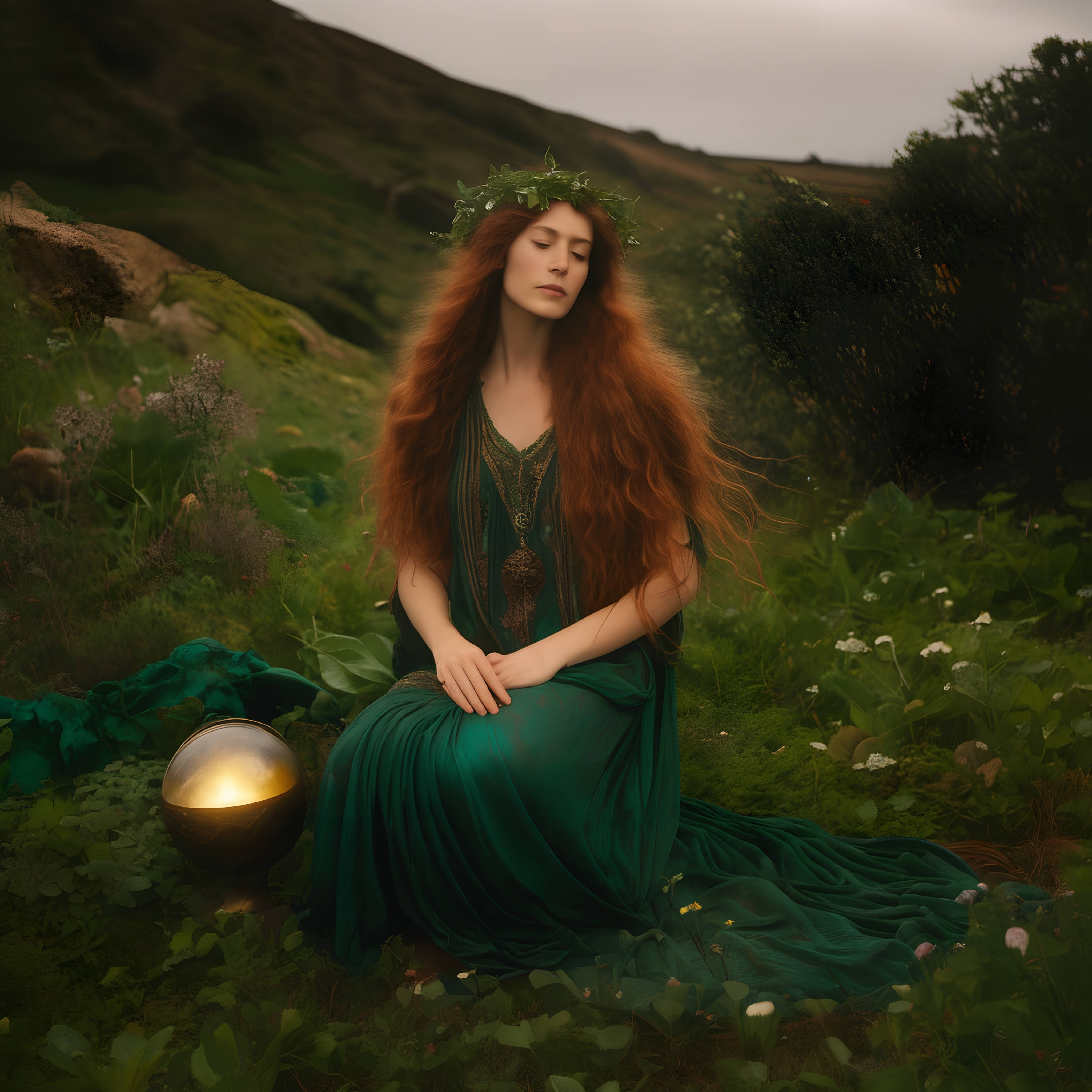 A woman in a green gown sits on grass with a glowing orb, crowned by leaves, evoking mystical serenity.