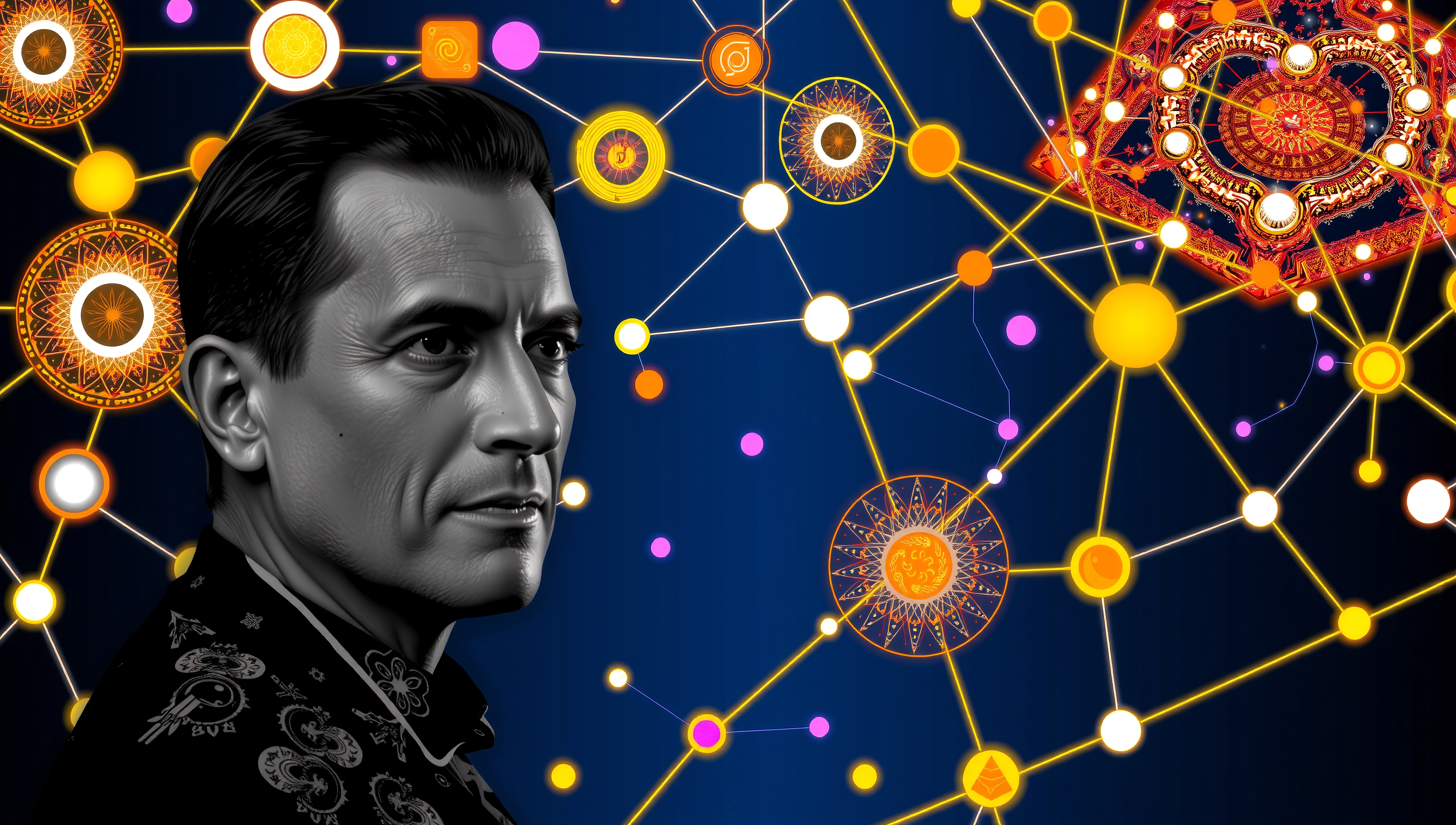 A contemplative man in digital art with geometric, interconnected designs.