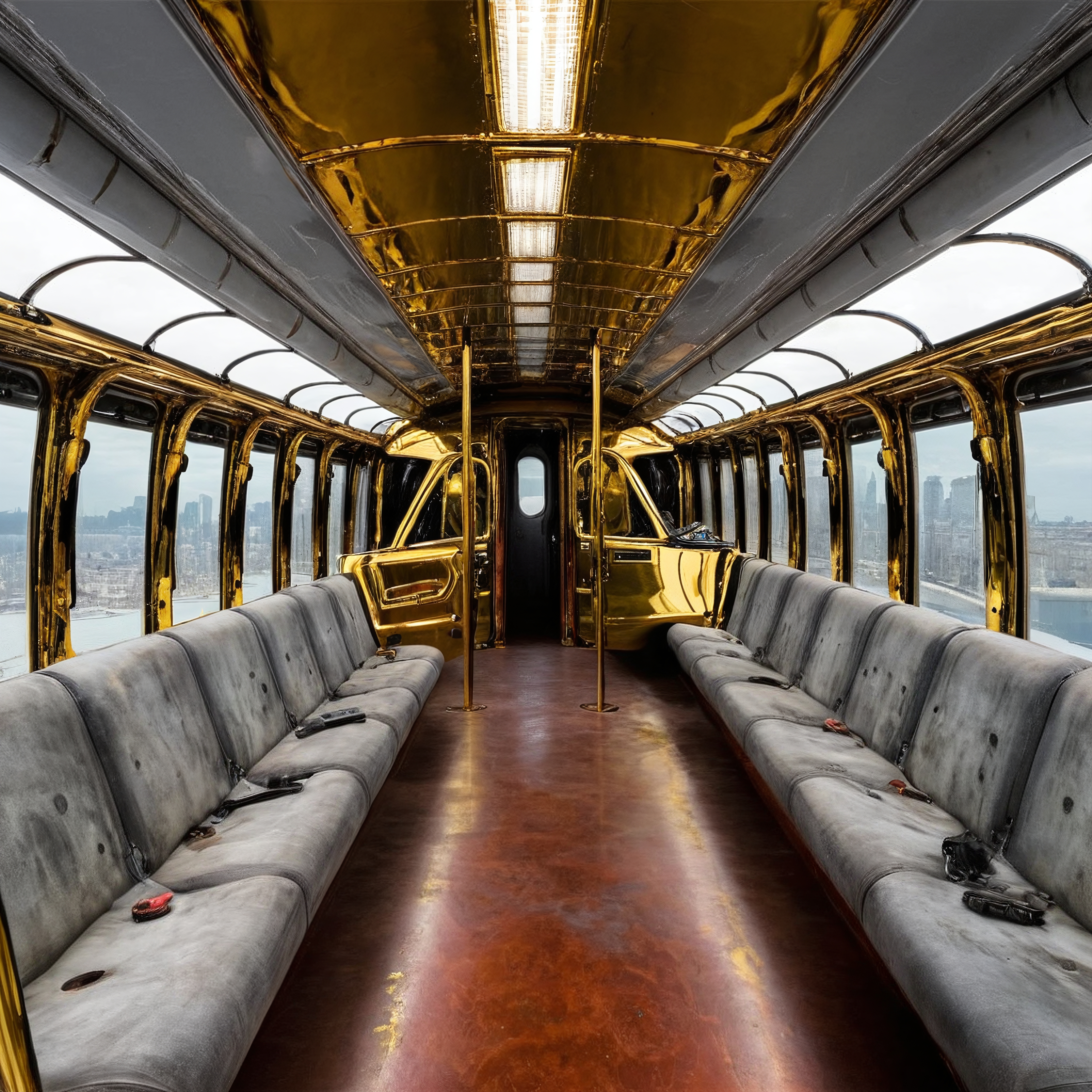 Opulent train interior with golden walls and panoramic windows overlooking city skyline.