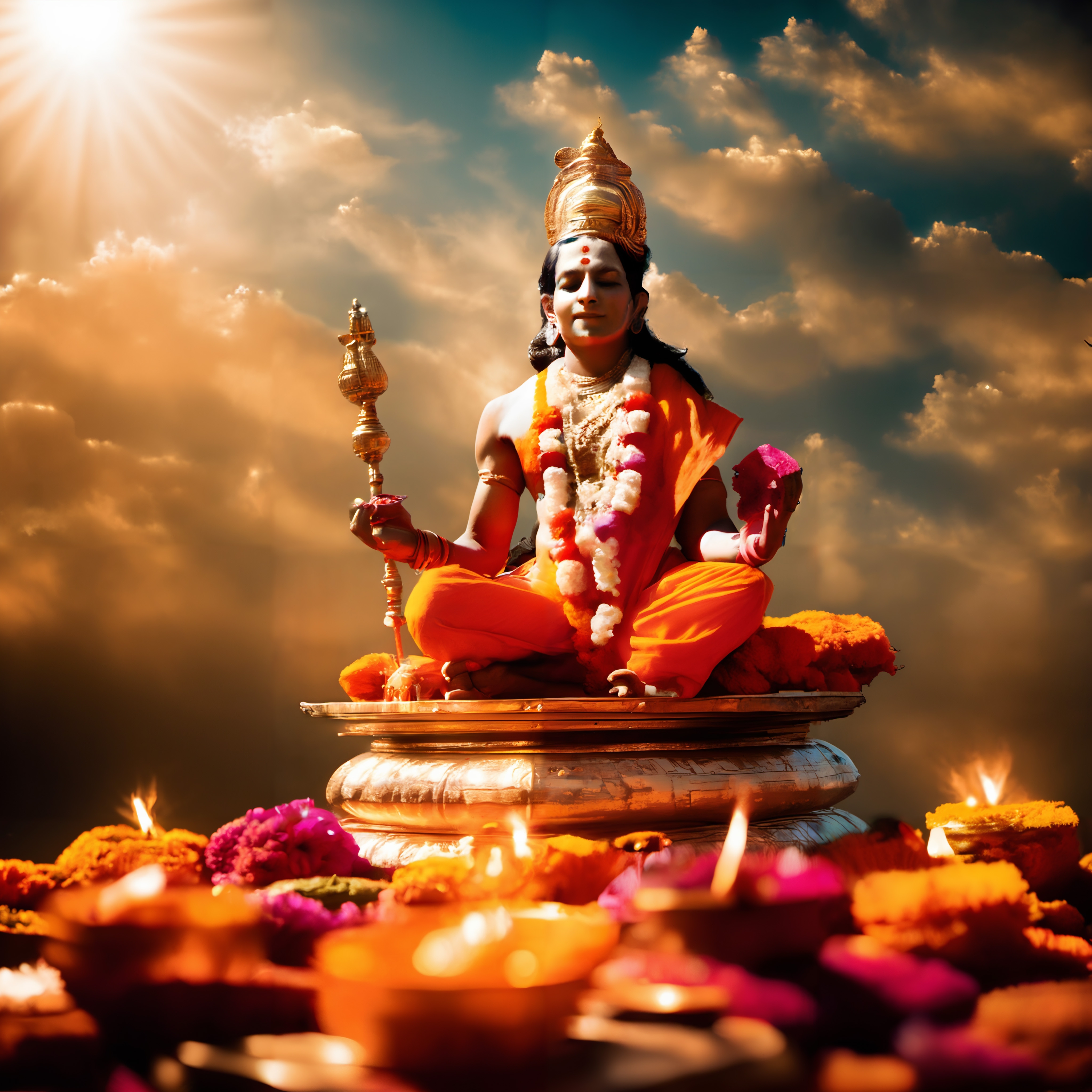 A serene deity meditates amidst glowing lamps, adorned in vibrant attire and surrounded by a sunlit sky.