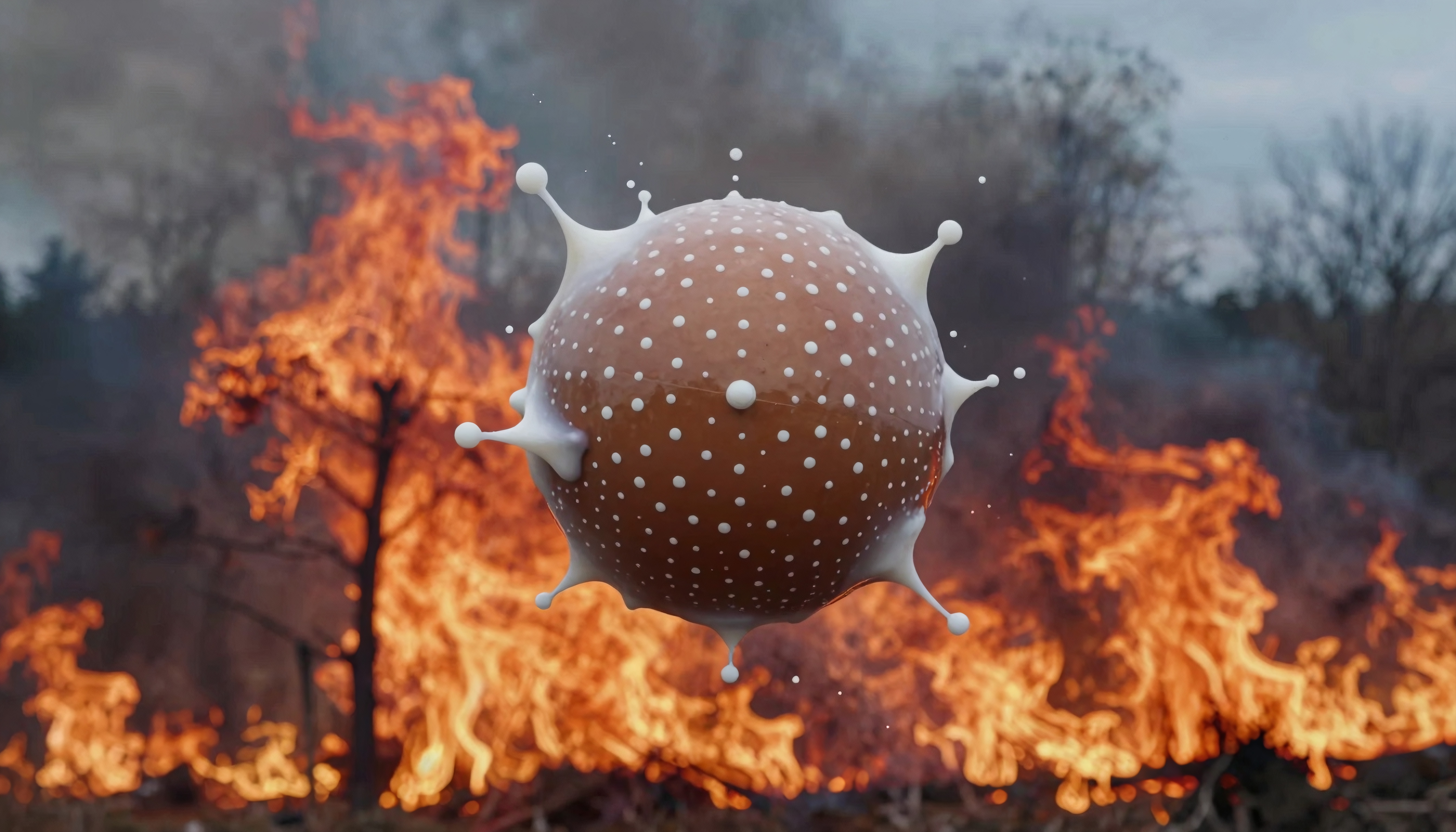 A polka-dotted sphere floats amidst a forest fire.