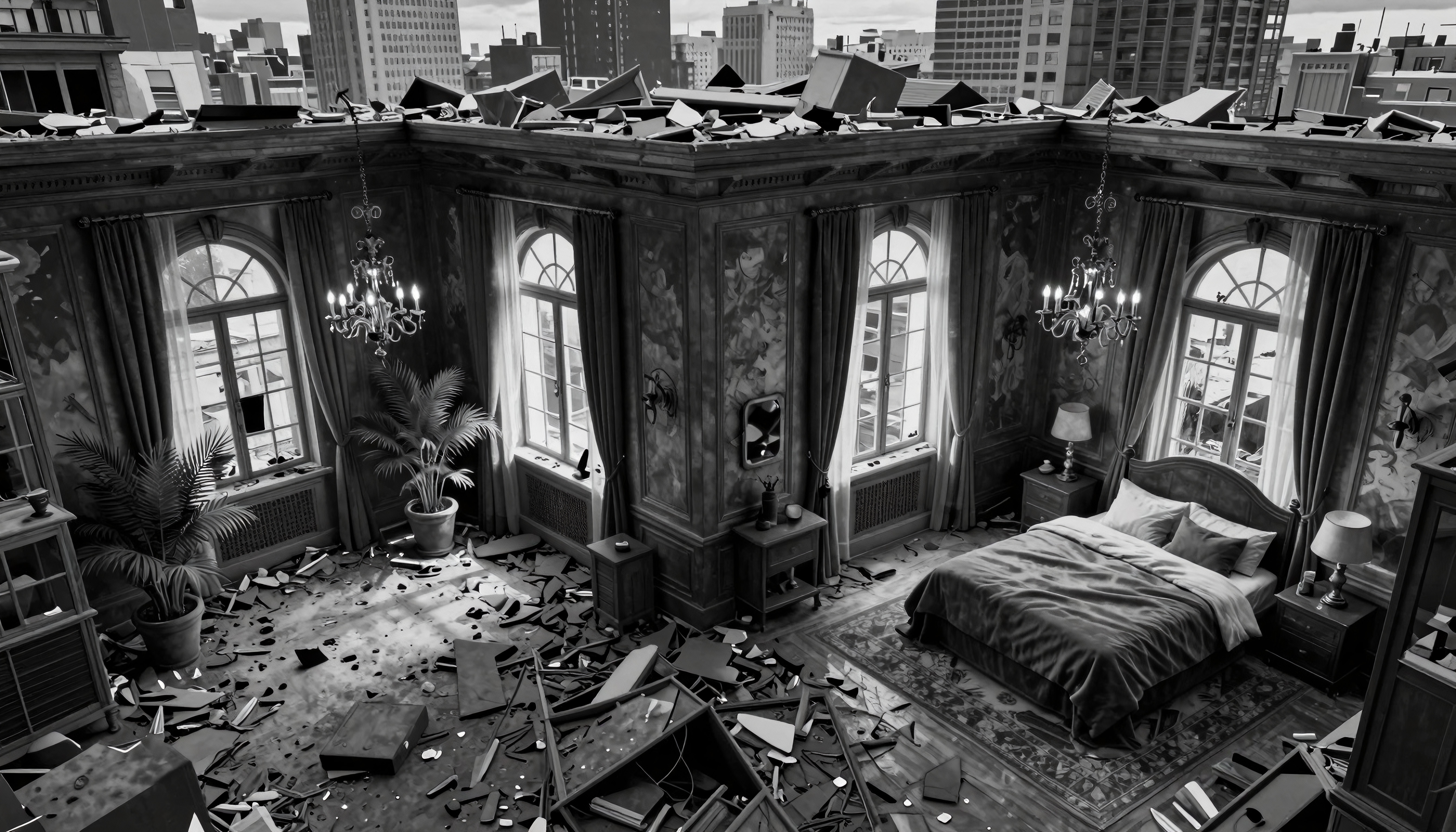 A monochrome room with scattered debris and detailed city view.