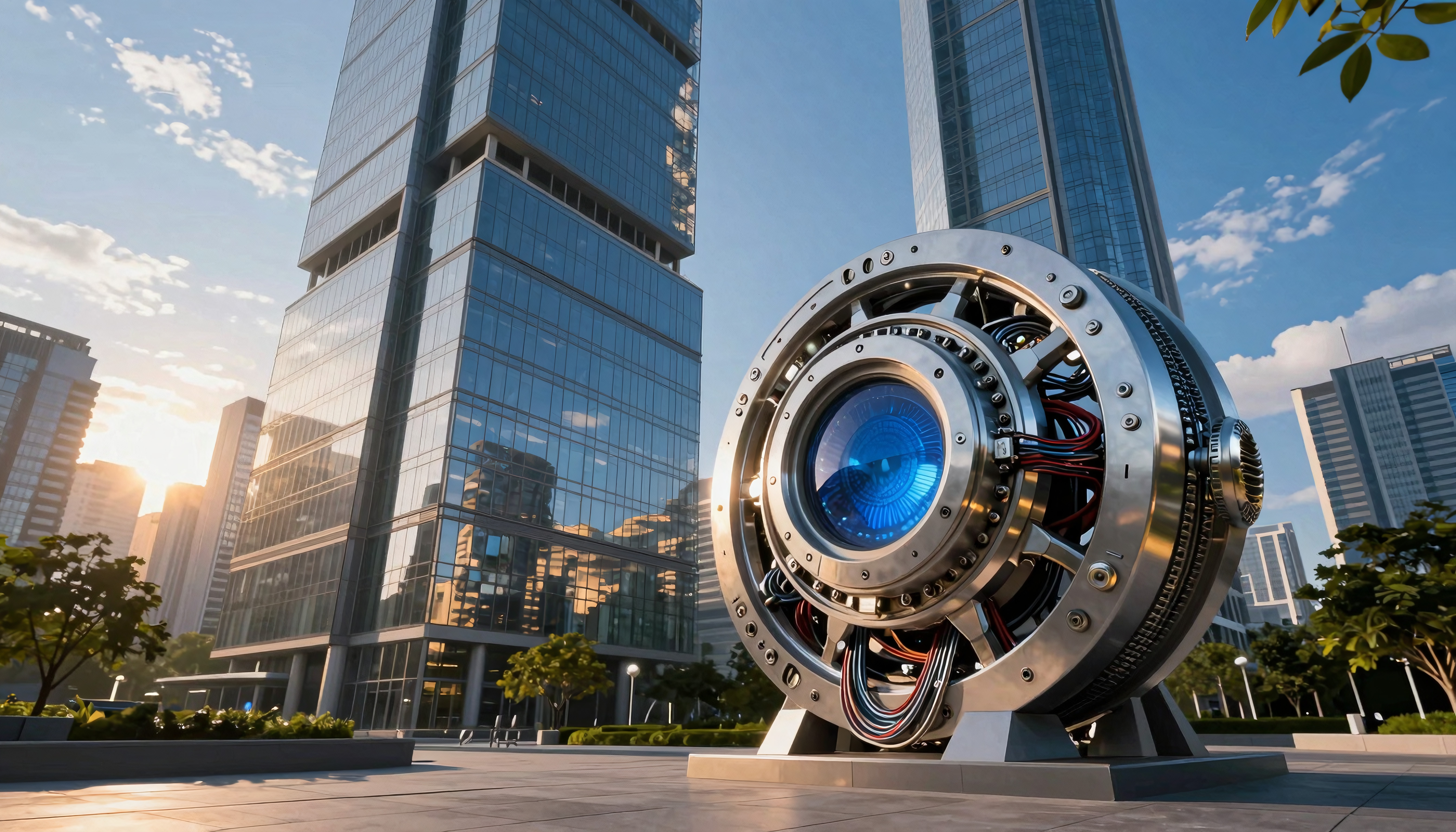 Futuristic cityscape with towering skyscrapers and a conceptual technological monument reflecting sunlight and blue sky.