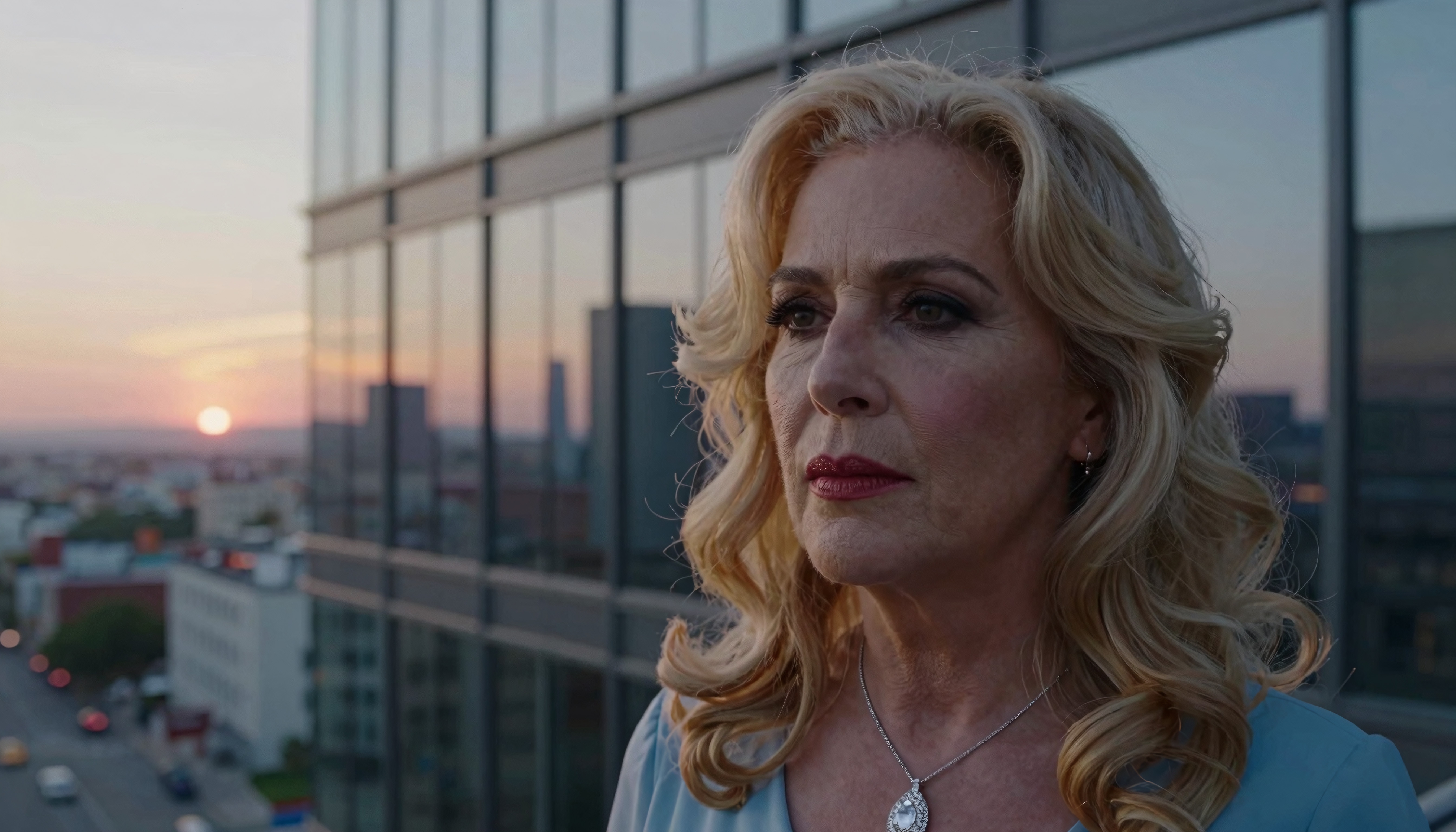 A contemplative woman stands against a cityscape at sunset, reflecting deeply as day transitions to night.