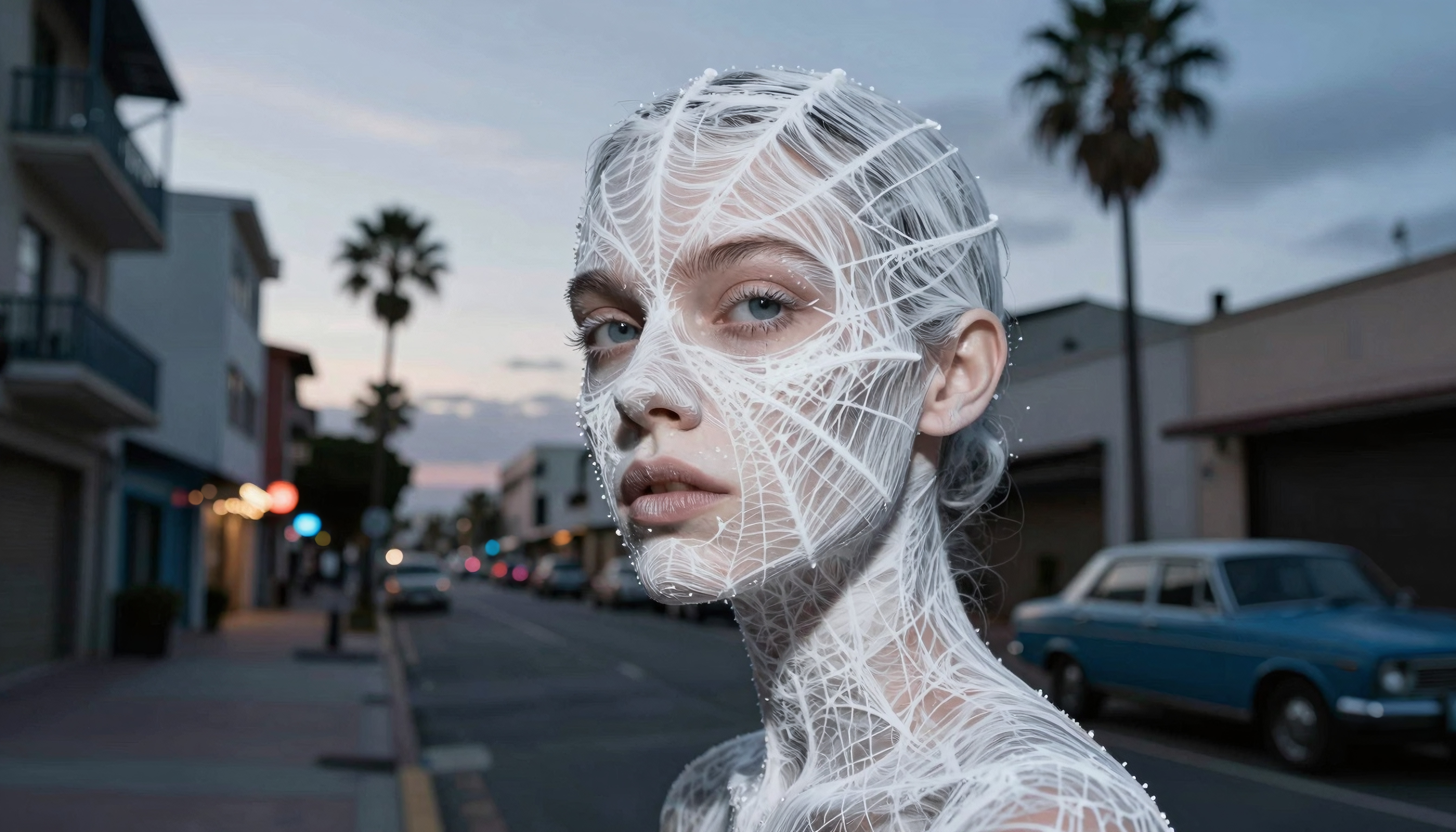 A woman with web-like face covering stands on a calm suburban street during dusk, evoking a dreamlike and futuristic vibe.